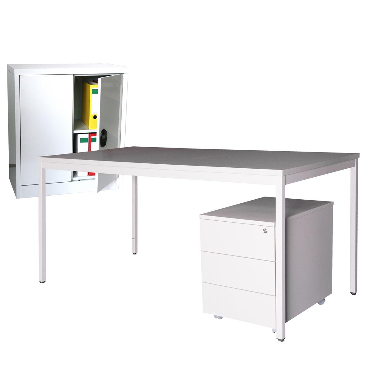 Schreibtisch 120cm SET + Rollcontainer Eco+ Stahlschrank 90cm lichtgrau SZAGATO Made in Germany Schreibti Arbeitstisch Bürotisch Büro-Schreibtisch