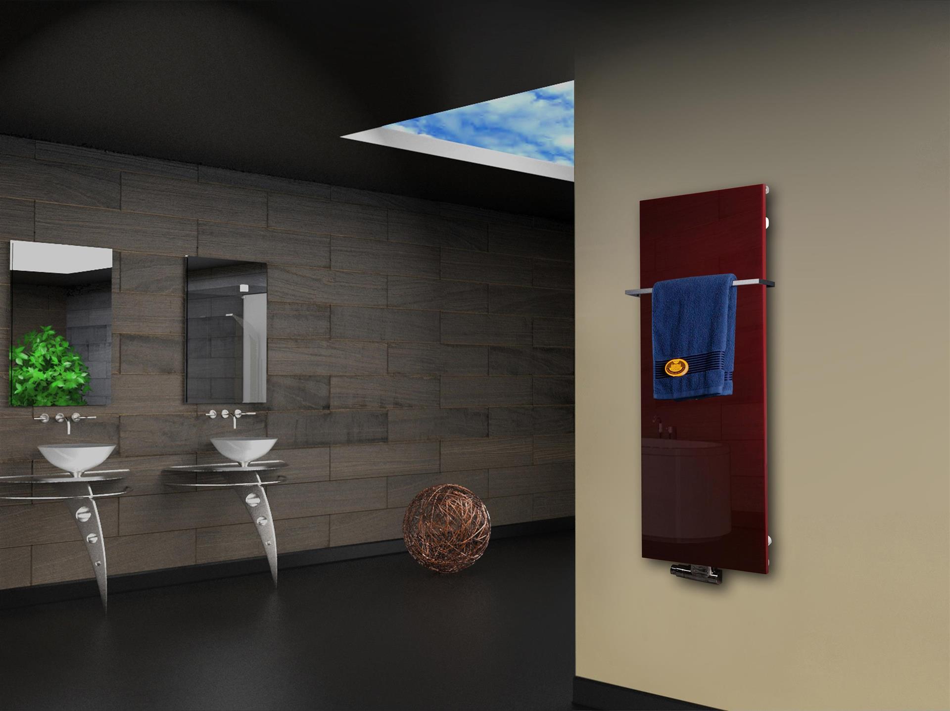 Badheizkörper mit Glas Design Montevideo 2 (Glasfront) 120x47cm 799Watt rot + 1 Halter Edelstahl 15x15mm SZAGATO Designheizkörper mit Mittelanschluss