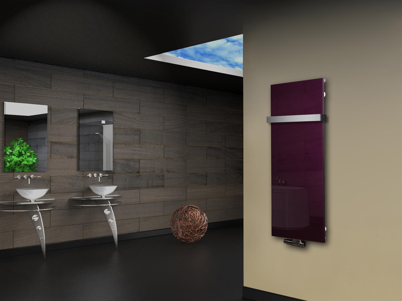 Badheizkörper mit Glas Design Montevideo 2 (Glasfront) 120x47cm 799 Watt violett (+1 Halter 50mm) SZAGATO Designheizkörper mit Mittelanschluss