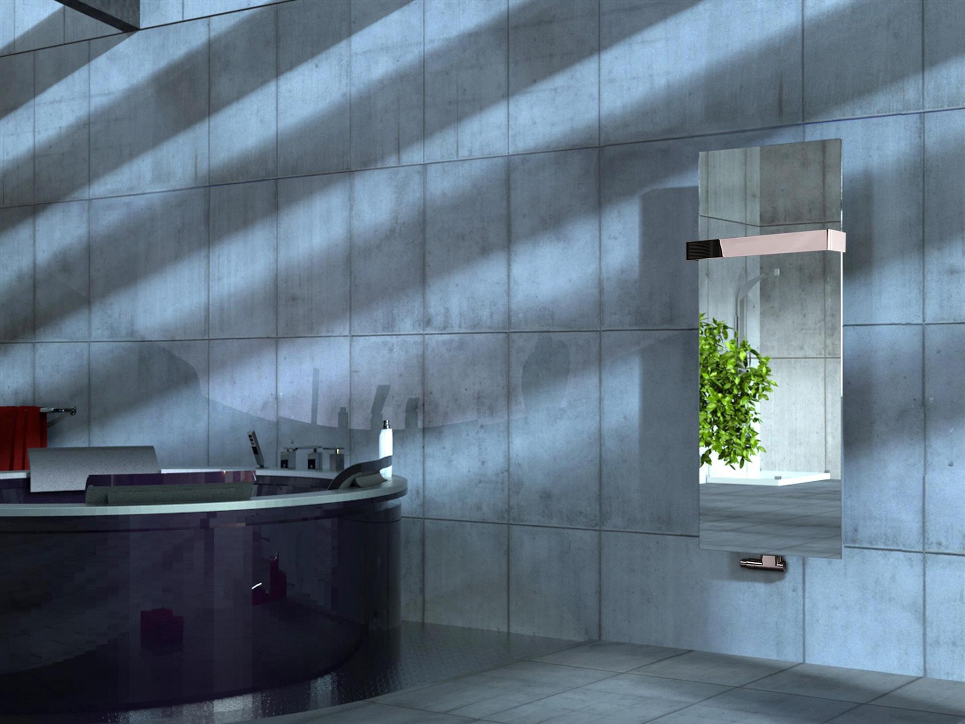 BADHEIZKÖRPER mit Spiegel Design Mirror 2 120x47cm 799 Watt Edelstahl 3D (+1 Halter glänzend 50mm) SZAGATO Heizkörper Mittelanschluss Handtuchwärmer