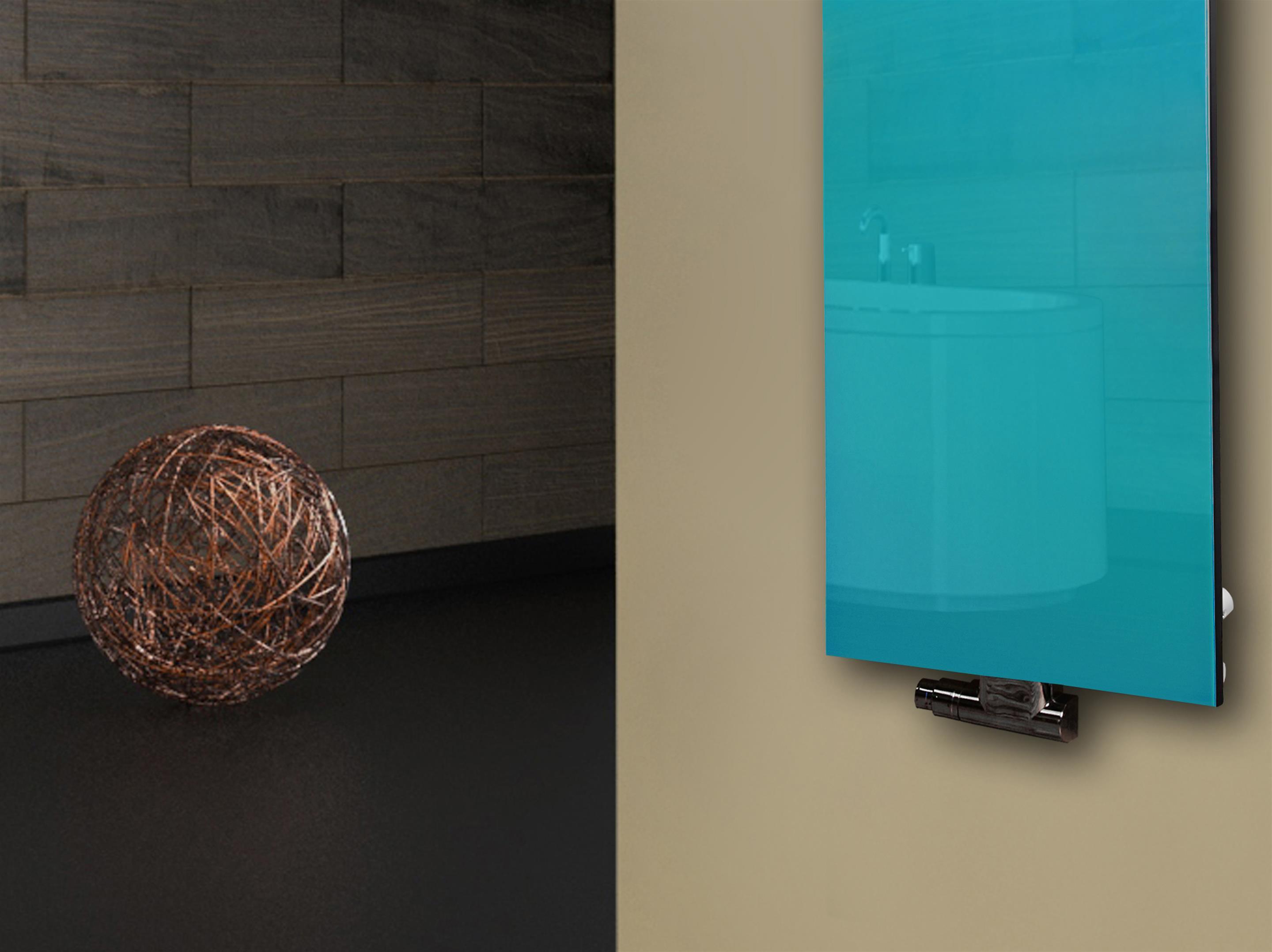 Badheizkörper mit Glas Design Montevideo 3 Glasfront 180x47cm 1118 Watt türkis +2 Halter 50mm SZAGATO Designheizkörper Mittelanschluss Handtuchwärmer