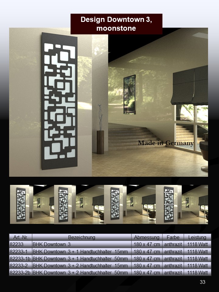 BADHEIZKÖRPER Design Downtown 3 180x47cm 1118 Watt anthrazit - moonstone (+2 Halter 50mm) SZAGATO Designheizkörper mit Mittelanschluss Handtuchwärmer