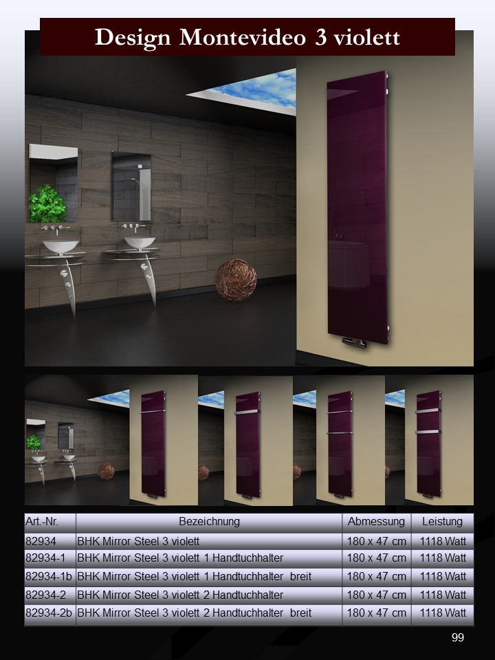 Badheizkörper mit Glas Design Montevideo 3 Glasfront 180x47cm 1118 Watt violett SZAGATO Design Handtuchheizkörper mit Mittelanschluss Handtuchwärmer