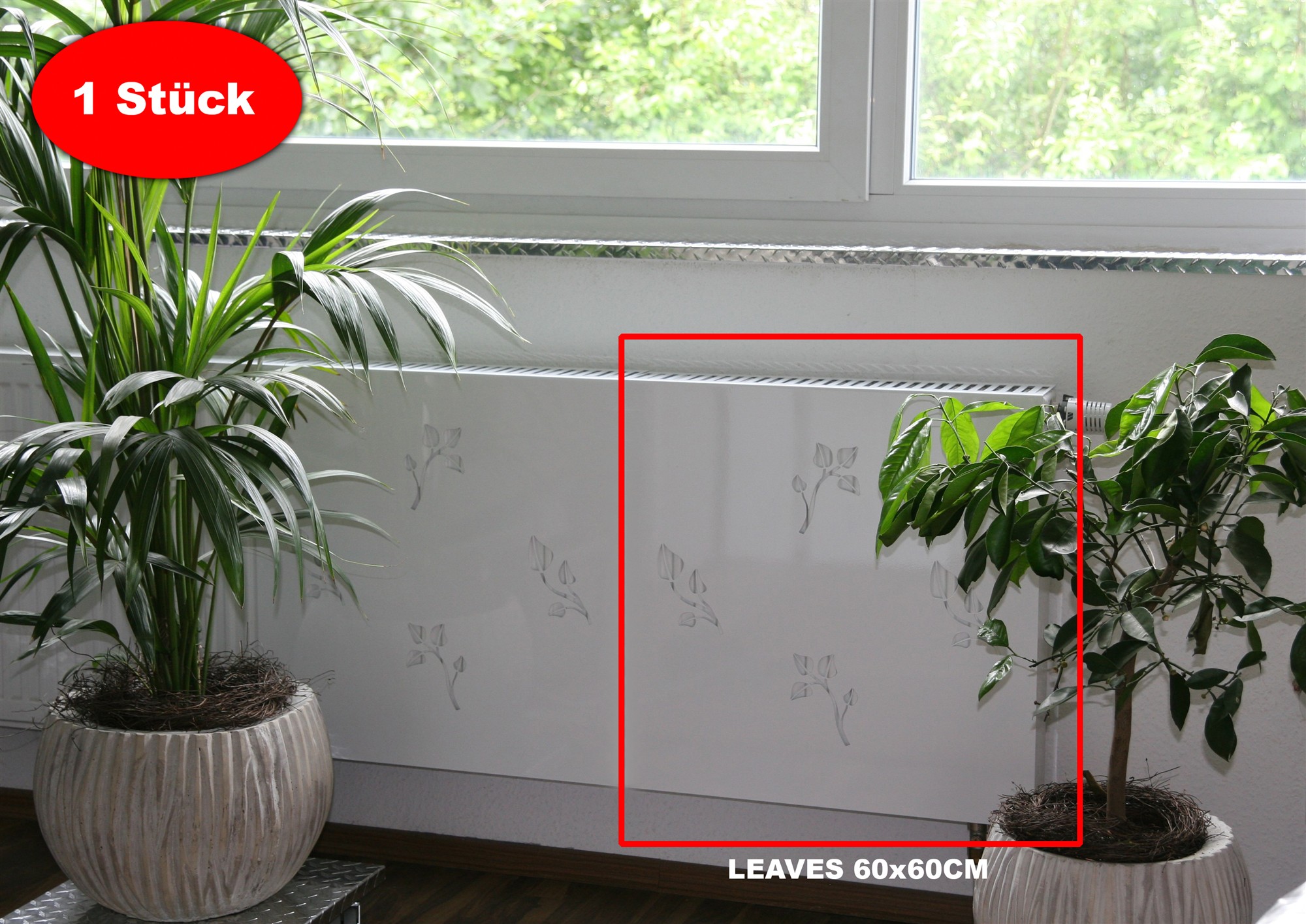 Heizkörperverkleidung 60x 60cm Design Leaves weiß (1 Stück) SZAGATO Heizungsverkleidung Verkleidung Heizkörper Abdeckung Heizkörper Heizungsabdeckung
