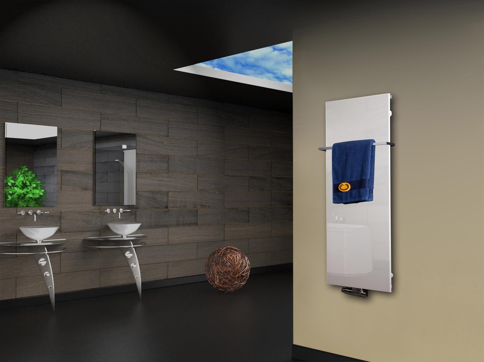 Badheizkörper mit Glas Design Montevideo 2 (Glasfront) 120x47cm 799Watt weiß (+1 Halter 15mm) SZAGATO Designheizkörper Mittelanschluss Handtuchwärmer