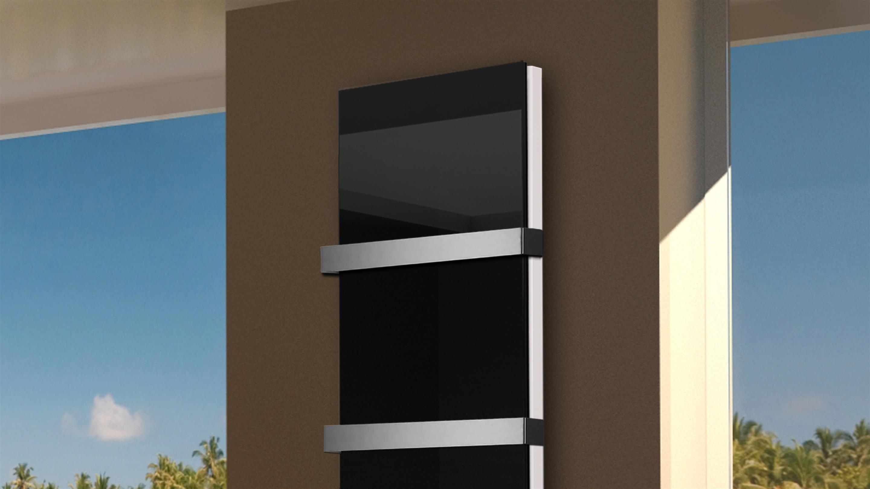 BADHEIZKÖRPER Glas Montevideo 6 Glasfront 180x47cm 1964 Watt schwarz +2 Halter 50mm SZAGATO Designheizkörper Handtuchheizkörper mit Mittelanschluss