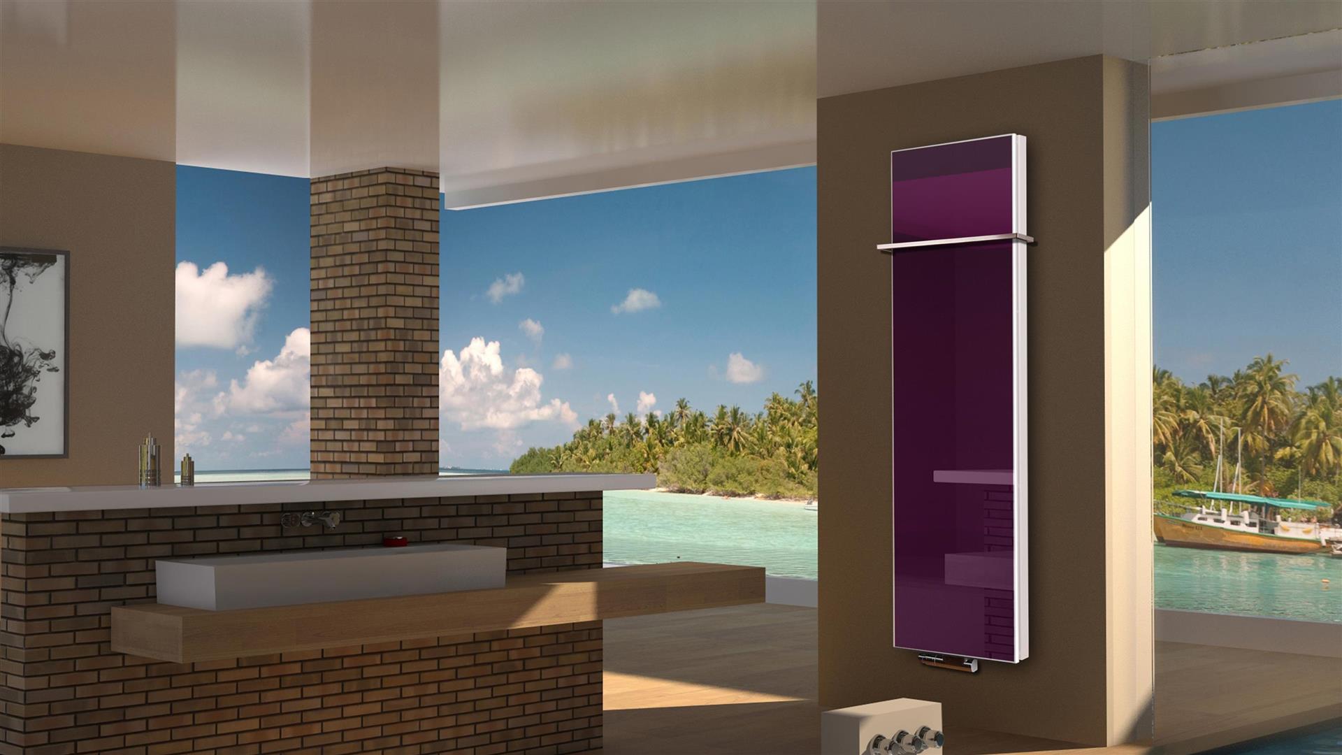 BADHEIZKÖRPER mit Glas Montevideo 6 Glasfront 180x47cm 1964 Watt violett +1 Halter 15mm SZAGATO Designheizkörper Handtuchheizkörper Mittelanschluss