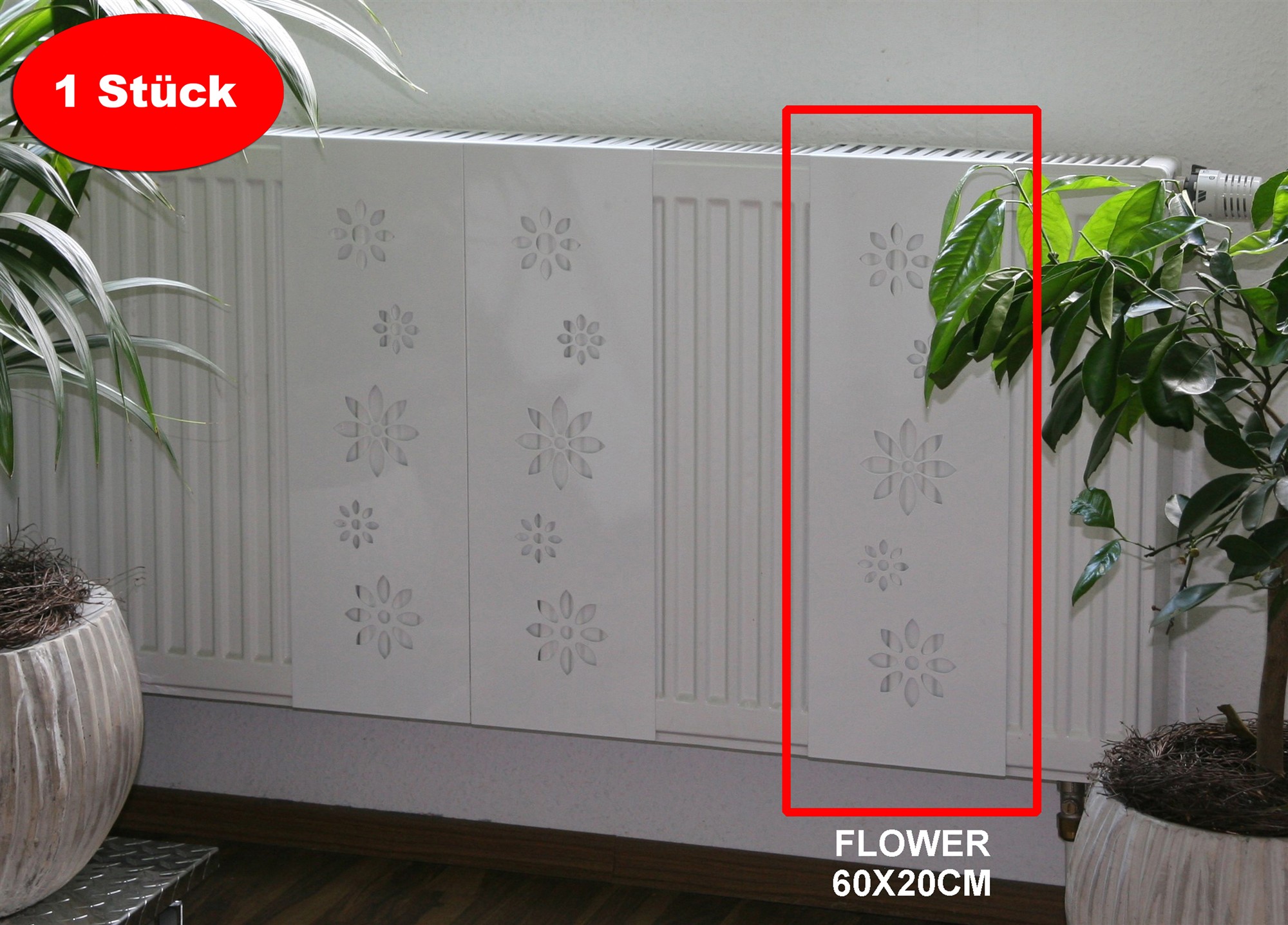 Heizkörperverkleidung 60x 20cm Design Flower weiß (1 Stück) SZAGATO Heizungsverkleidung Verkleidung Heizkörper Abdeckung Heizkörper Heizungsabdeckung