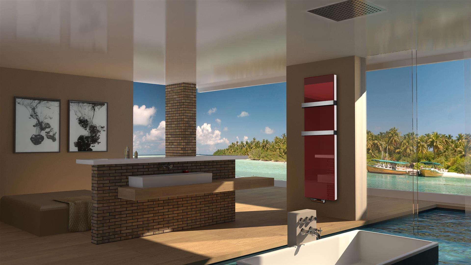 BADHEIZKÖRPER Glas Montevideo 6 Glasfront 180x47cm 1964 Watt rot + 2 Halter 50mm SZAGATO Designheizkörper Handtuchheizkörper mit Mittelanschluss