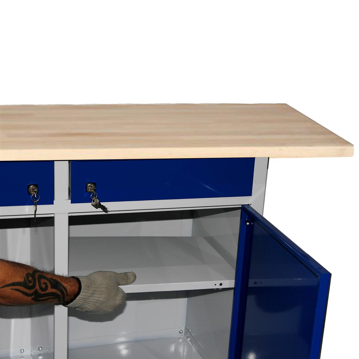 Werkbank SZAGATO mit 2 Schubladen und 2 Flügeltüren abschließbarHxBxT 84x150x60cm lichtgrau/blau Werktisch Arbeitstisch Mehrzwecktisch