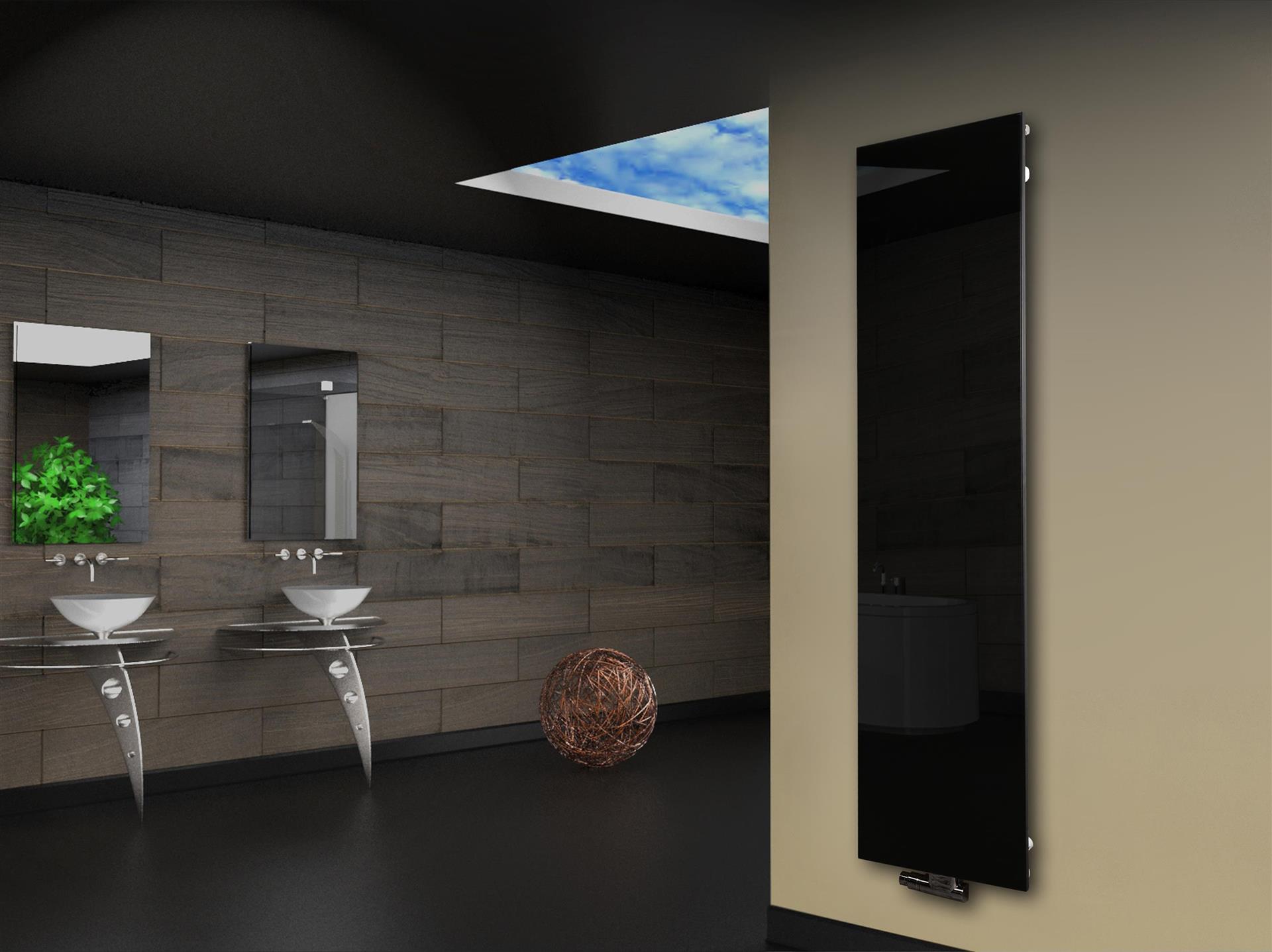 Badheizkörper mit Glas Design Montevideo 3 Glasfront 180x47cm 1118 Watt schwarz SZAGATO Design Handtuchheizkörper mit Mittelanschluss Handtuchwärmer