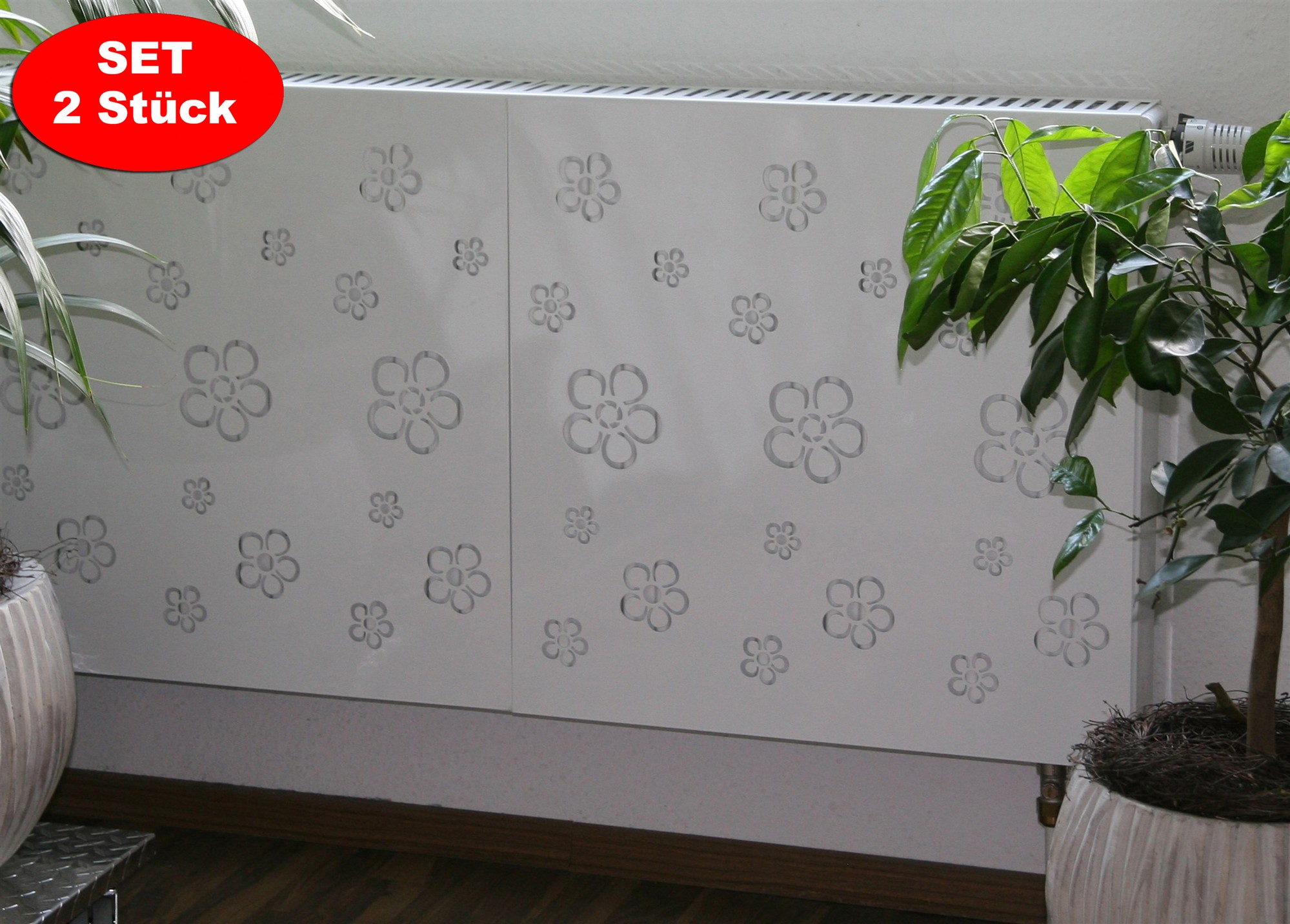 Heizkörperverkleidung 60 x 60cm Design Flower Frame weiß (SET=2 Stück) SZAGATO Heizungsverkleidung Verkleidung Heizkörper Abdeckung für Heizkörper