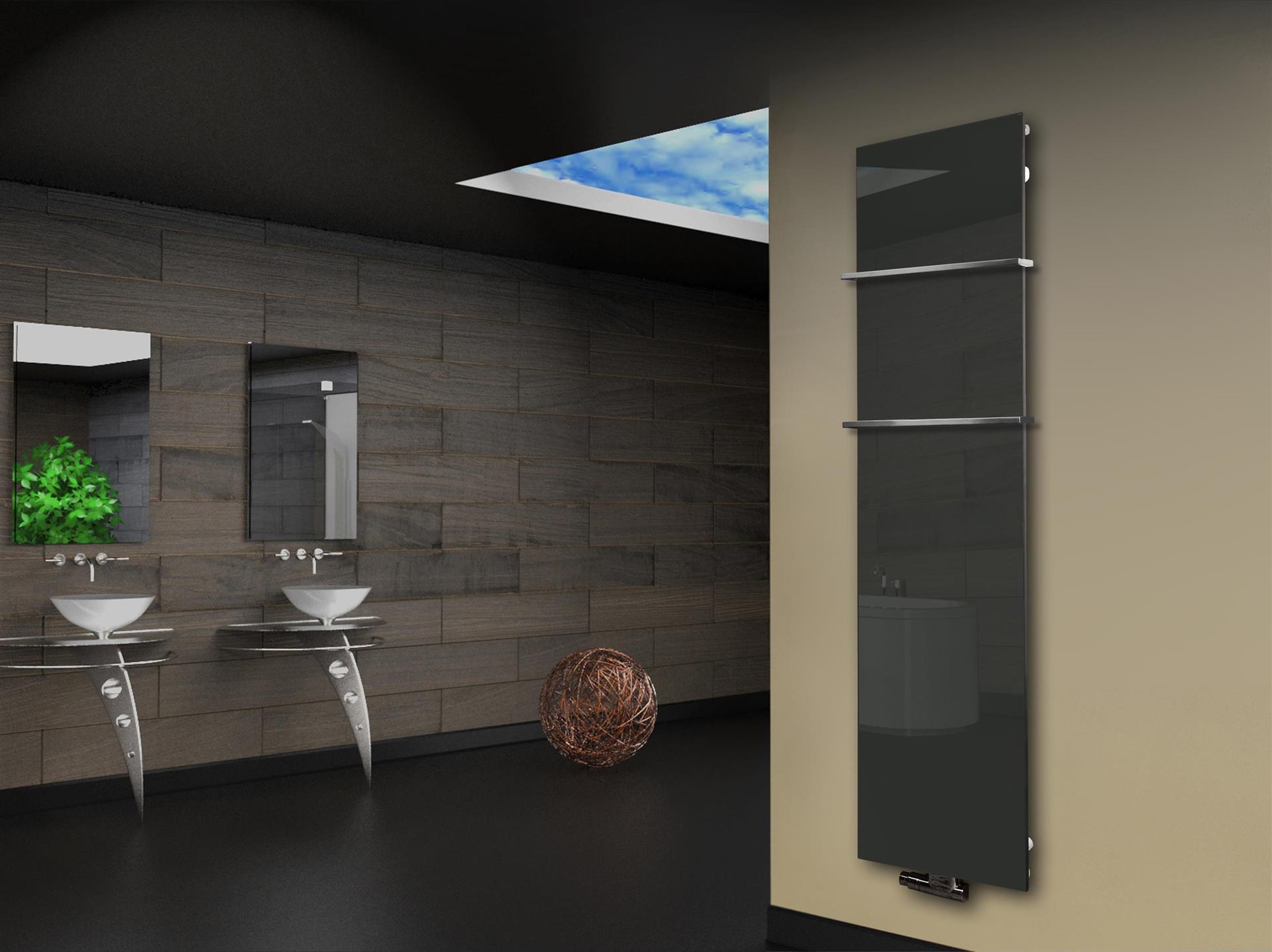 Badheizkörper mit Glas Design Montevideo 3 Glasfront 180x47cm 1118 Watt anthrazit - moon +2 Halter 15mm SZAGATO Designheizkörper Mittelanschluss