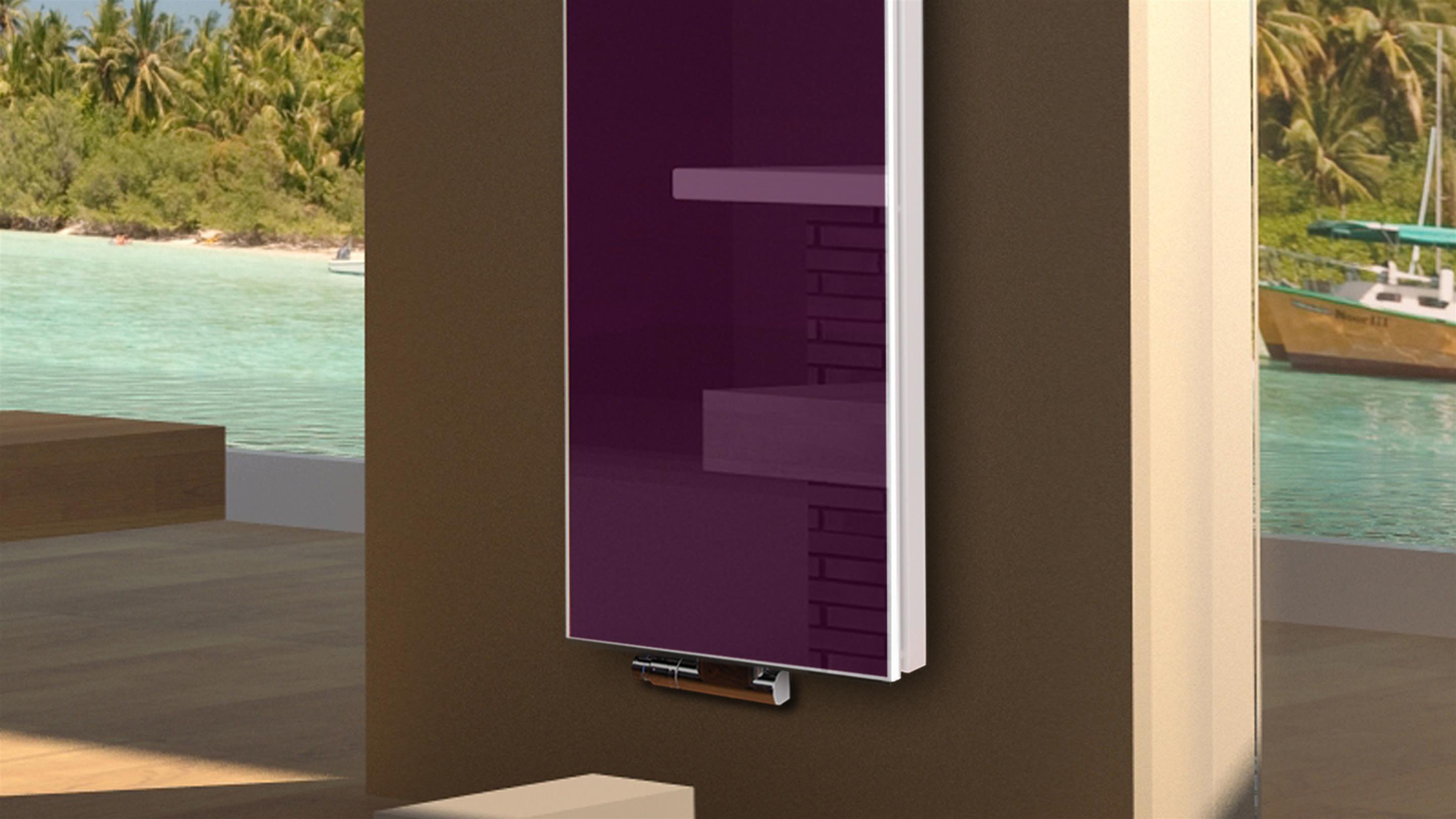 BADHEIZKÖRPER mit Glas Montevideo 6 Glasfront 180x47cm 1964 Watt violett +1 Halter 15mm SZAGATO Designheizkörper Handtuchheizkörper Mittelanschluss