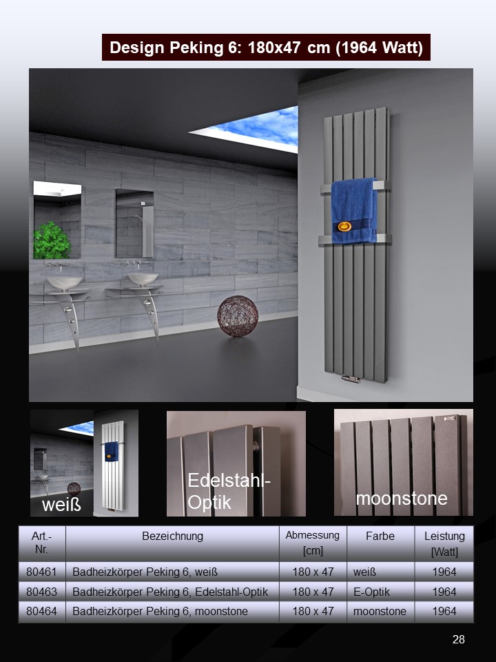 BADHEIZKÖRPER Design Peking 6 180x47cm 1964 Watt moonstone (+2 Knopfhalter) SZAGATO Designheizkörper Handtuchheizkörper mit Mittelanschluss Handtuchwärmer