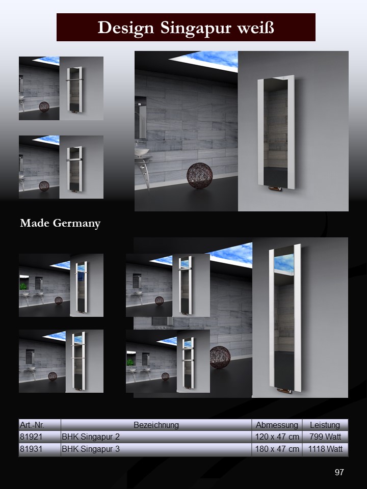 BADHEIZKÖRPER mit Spiegel Design Singapur 3 180x47cm 1118 Watt weiß  (+2 Halter 50mm) SZAGATO Designheizkörper mit Mittelanschluss Handtuchwärmer