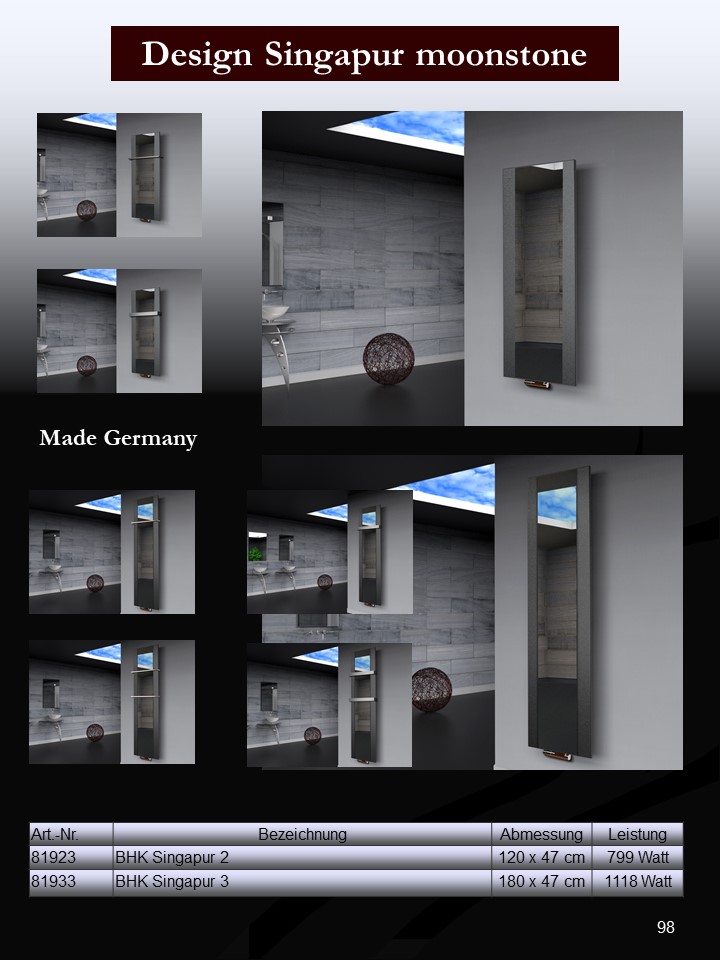 BADHEIZKÖRPER mit Spiegel Design Singapur 3 180x47cm 1118Watt anthrazit - moon +2 Halter 15mm SZAGATO Designheizkörper Mittelanschluss Handtuchwärmer