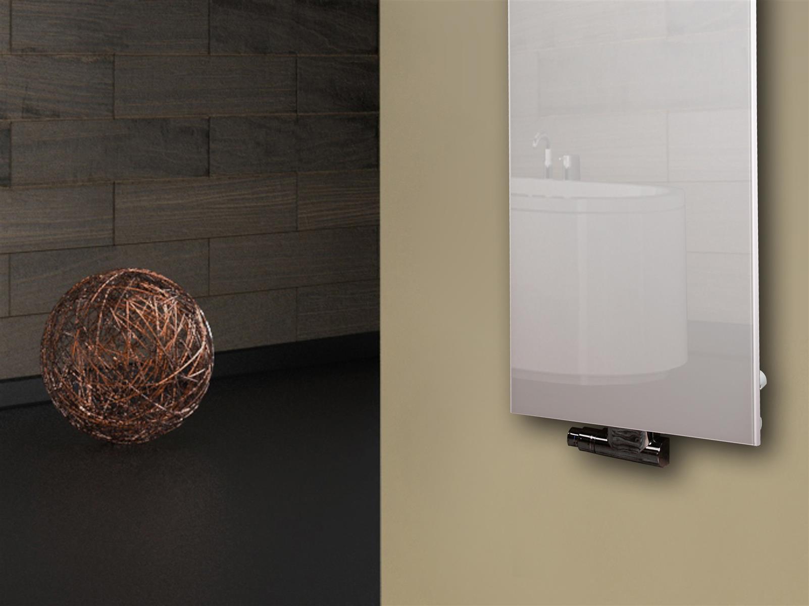 Badheizkörper mit Glas Design Montevideo 3 (Glasfront) 180x47cm 1118 Watt weiß +2 Halter 15mm SZAGATO Designheizkörper Mittelanschluss Handtuchwärmer
