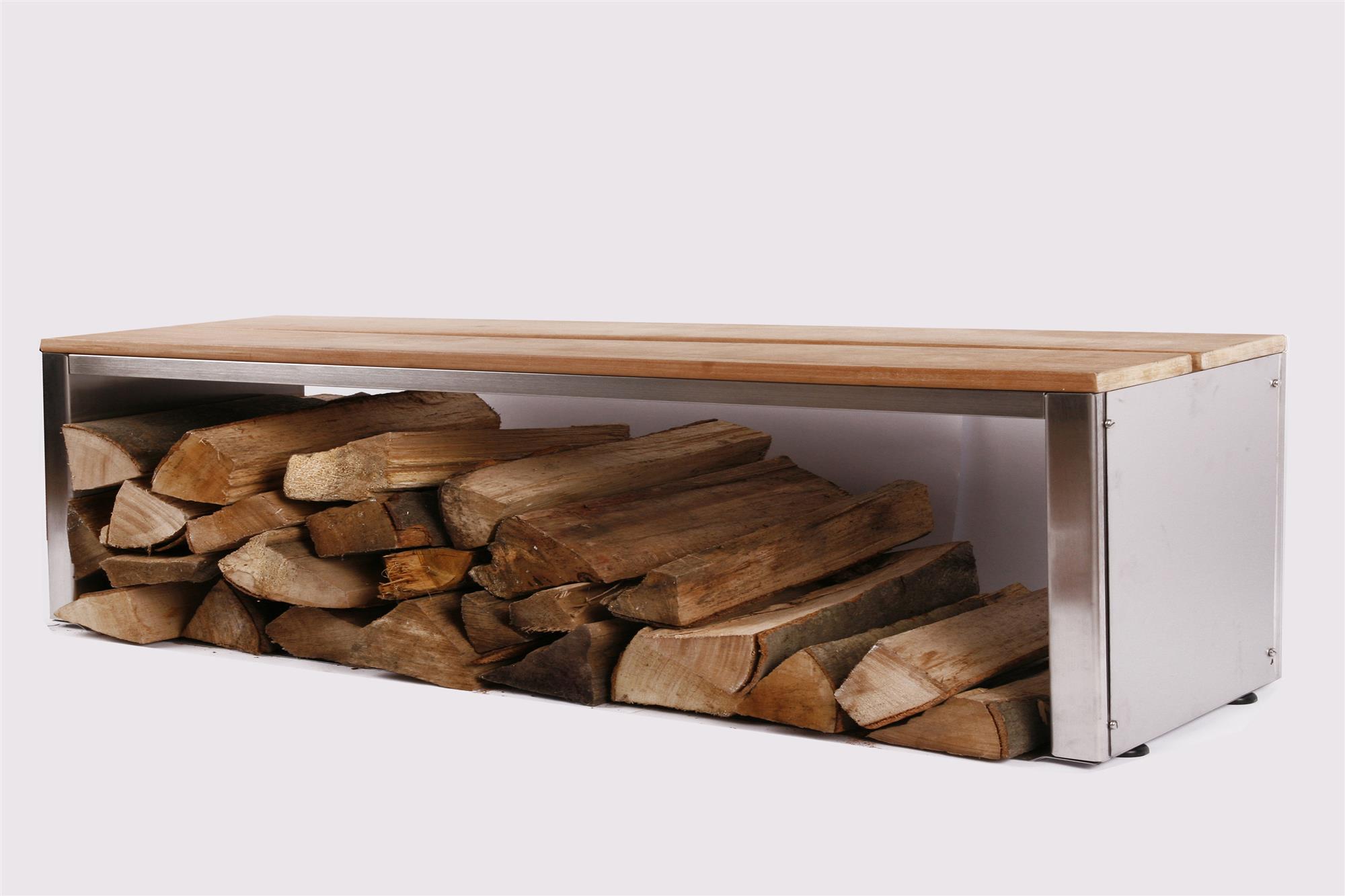 Sitzbank mit Holzlager 200x30cm, Edelstahl (Holzlagerbank, Bank mit Kaminholz / Brennnholz) 