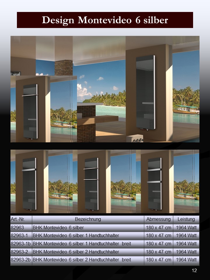 BADHEIZKÖRPER mit Glas Montevideo 6 Glasfront 180x47cm 1964 Watt anthrazit SZAGATO Designheizkörper Handtuchheizkörper Mittelanschluss Handtuchwärmer