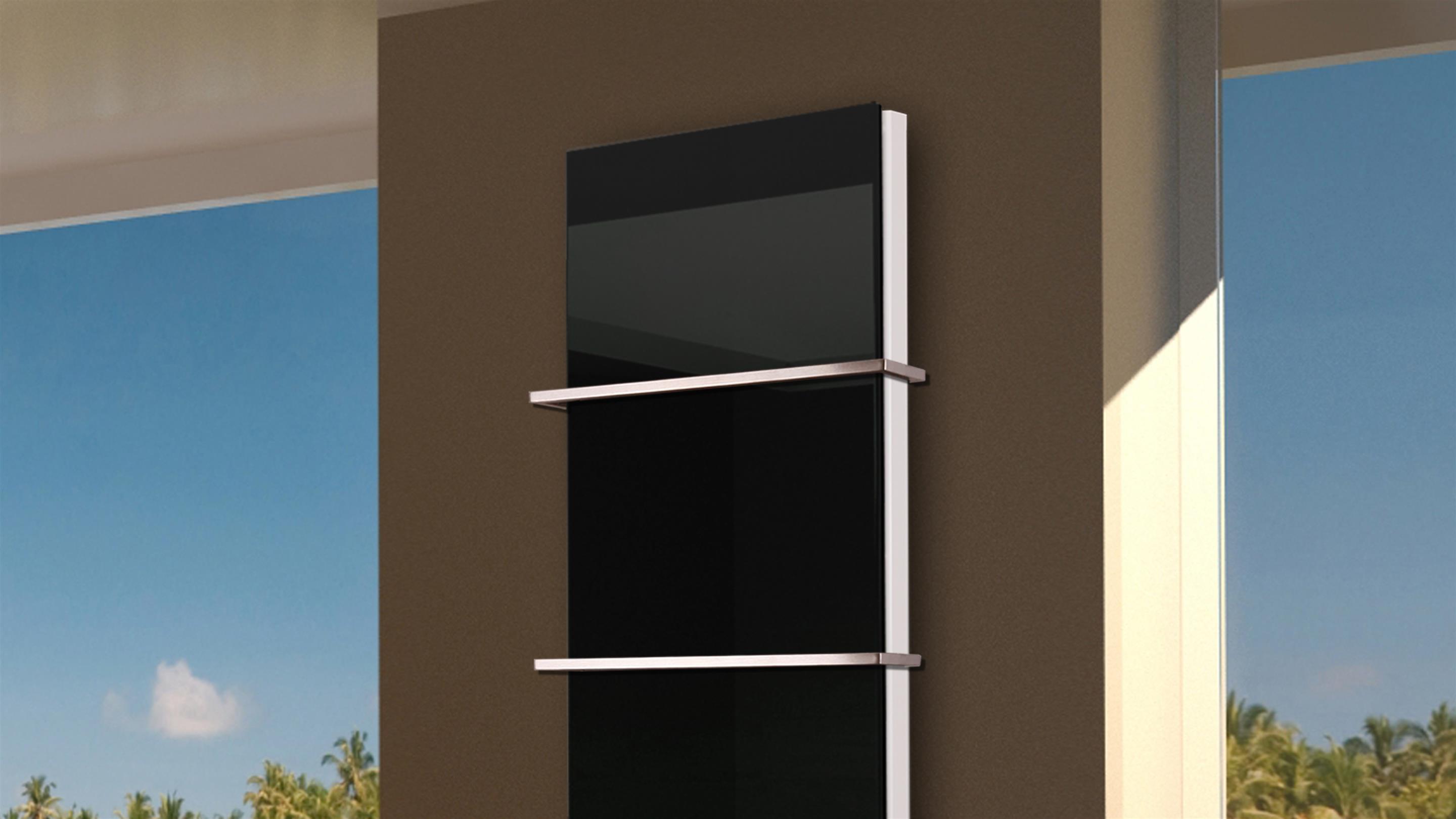 BADHEIZKÖRPER mit Glas Montevideo 6 Glasfront 180x47cm 1964 Watt schwarz +2 Halter 15mm SZAGATO Designheizkörper Handtuchheizkörper Mittelanschluss