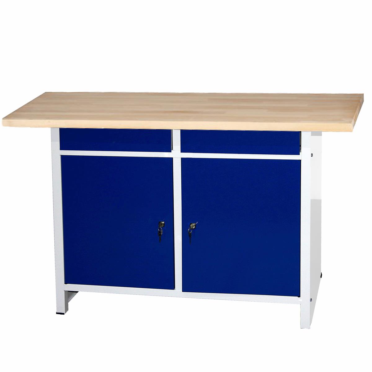 Werkbank SZAGATO mit 2 Schubladen und 2 Flügeltüren abschließbarHxBxT 84x150x60cm lichtgrau/blau Werktisch Arbeitstisch Mehrzwecktisch