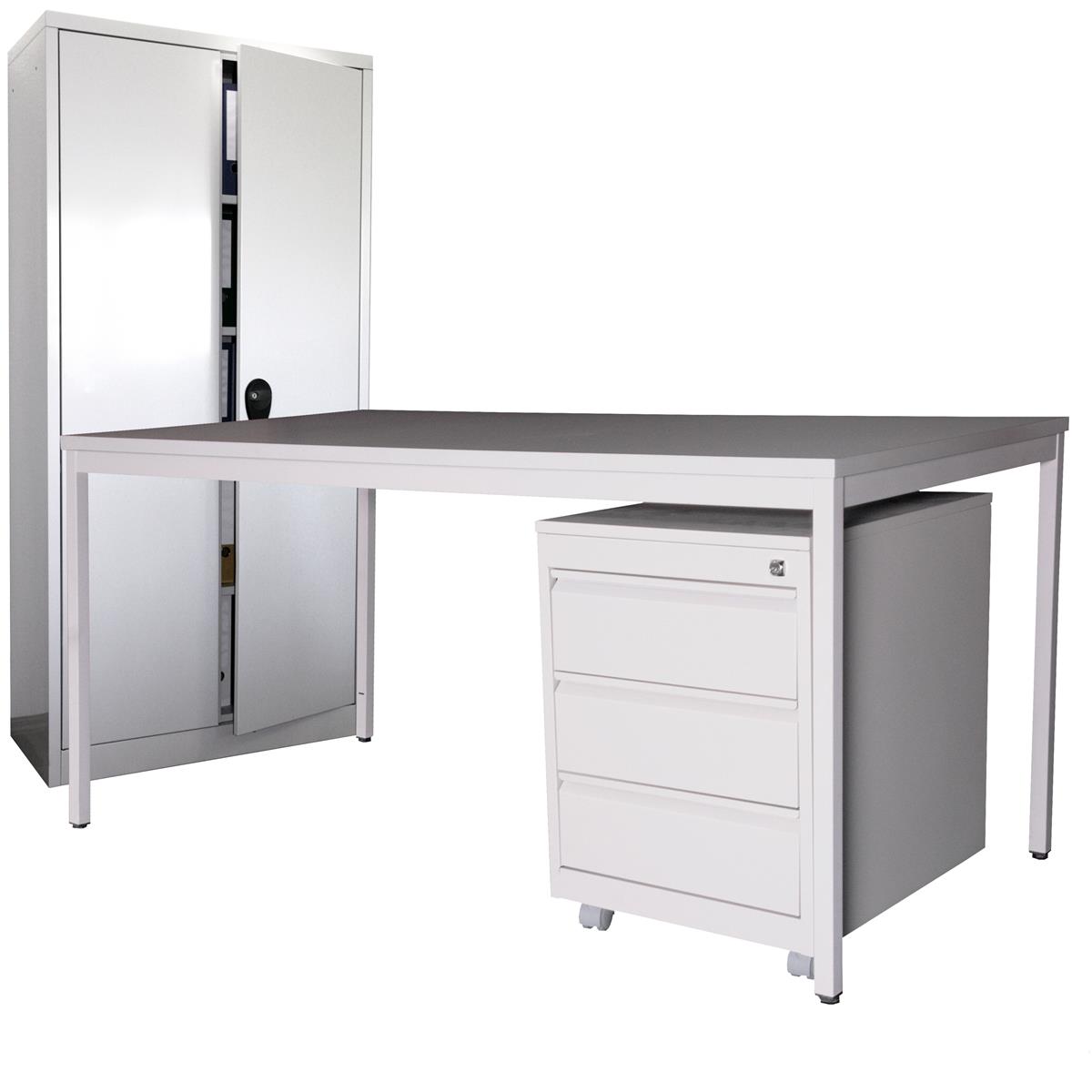 Schreibtisch 180x100cm SET + Rollcontainer Profi 3 Schubl + Stahlschrank 180x80cm grau SZAGATO Arbeitstisch Bürotisch Druckertisch Schreibti günstig