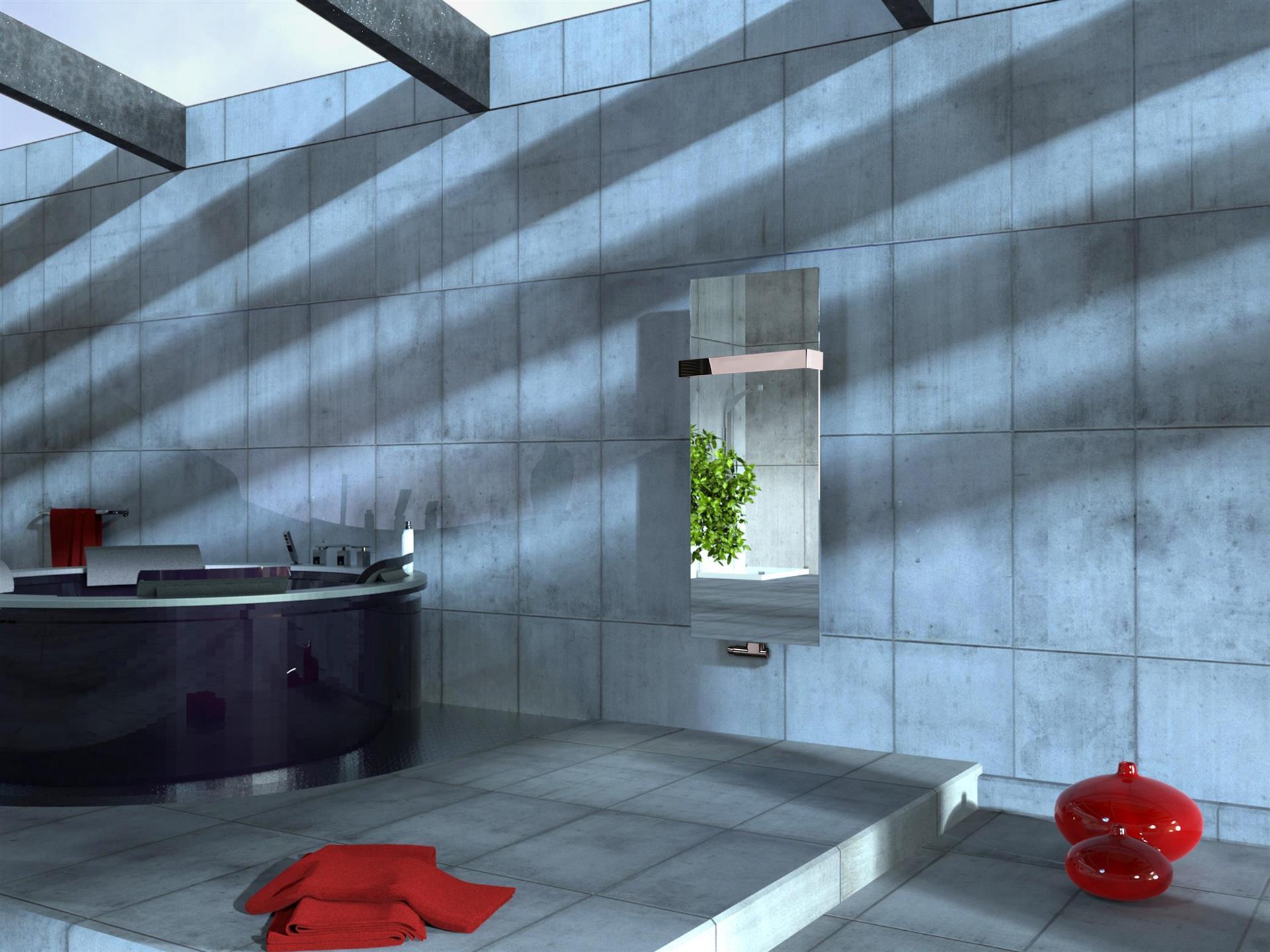 BADHEIZKÖRPER mit Spiegel Design Mirror 2 120x47cm 799 Watt Edelstahl 3D (+1 Halter glänzend 50mm) SZAGATO Heizkörper Mittelanschluss Handtuchwärmer