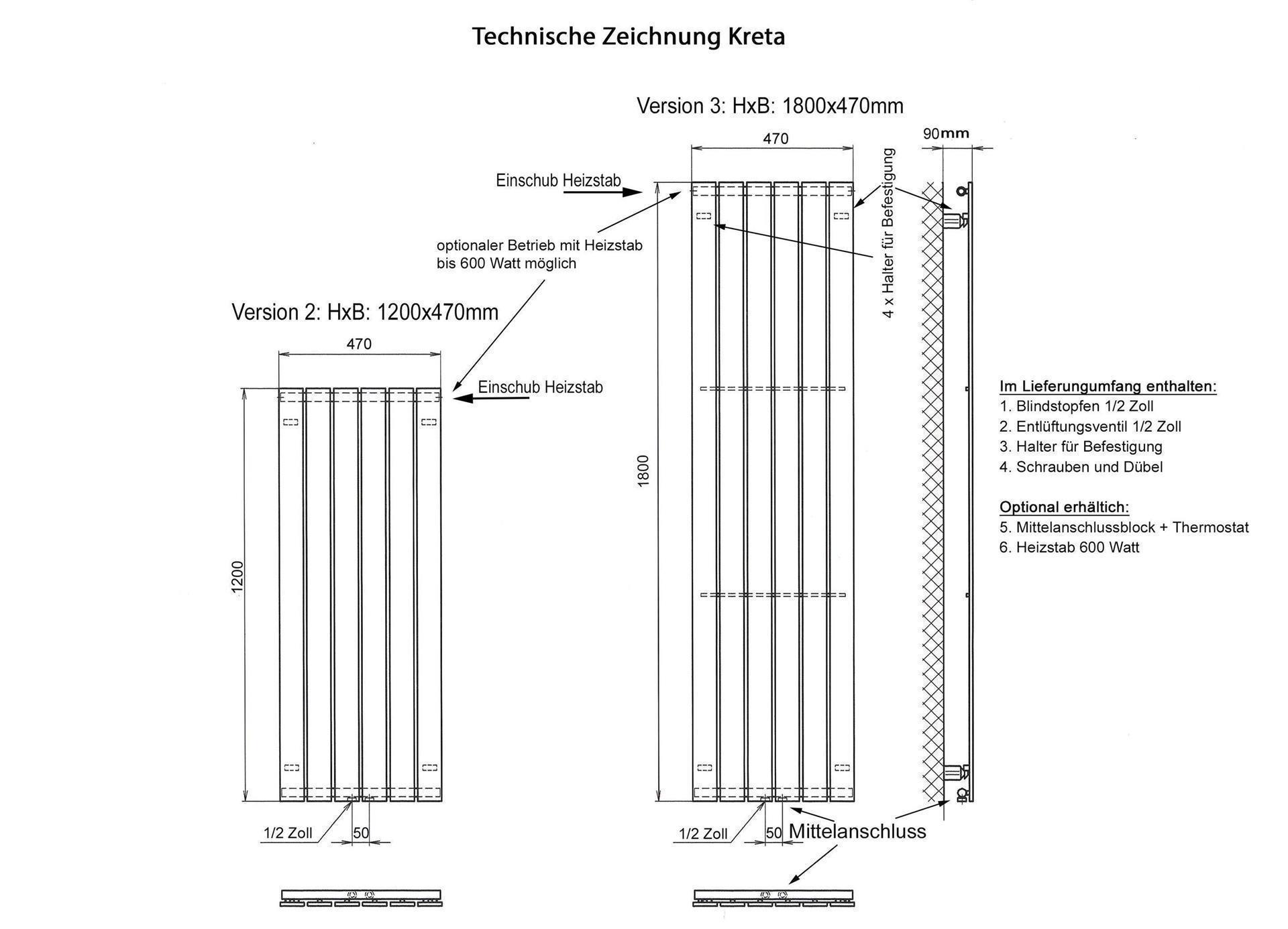 BADHEIZKÖRPER Design Kreta 2 120x47cm 799 Watt weiß schwarz SZAGATO Designheizkörper Handtuchheizkörper mit Mittelanschluss Handtuchwärmer