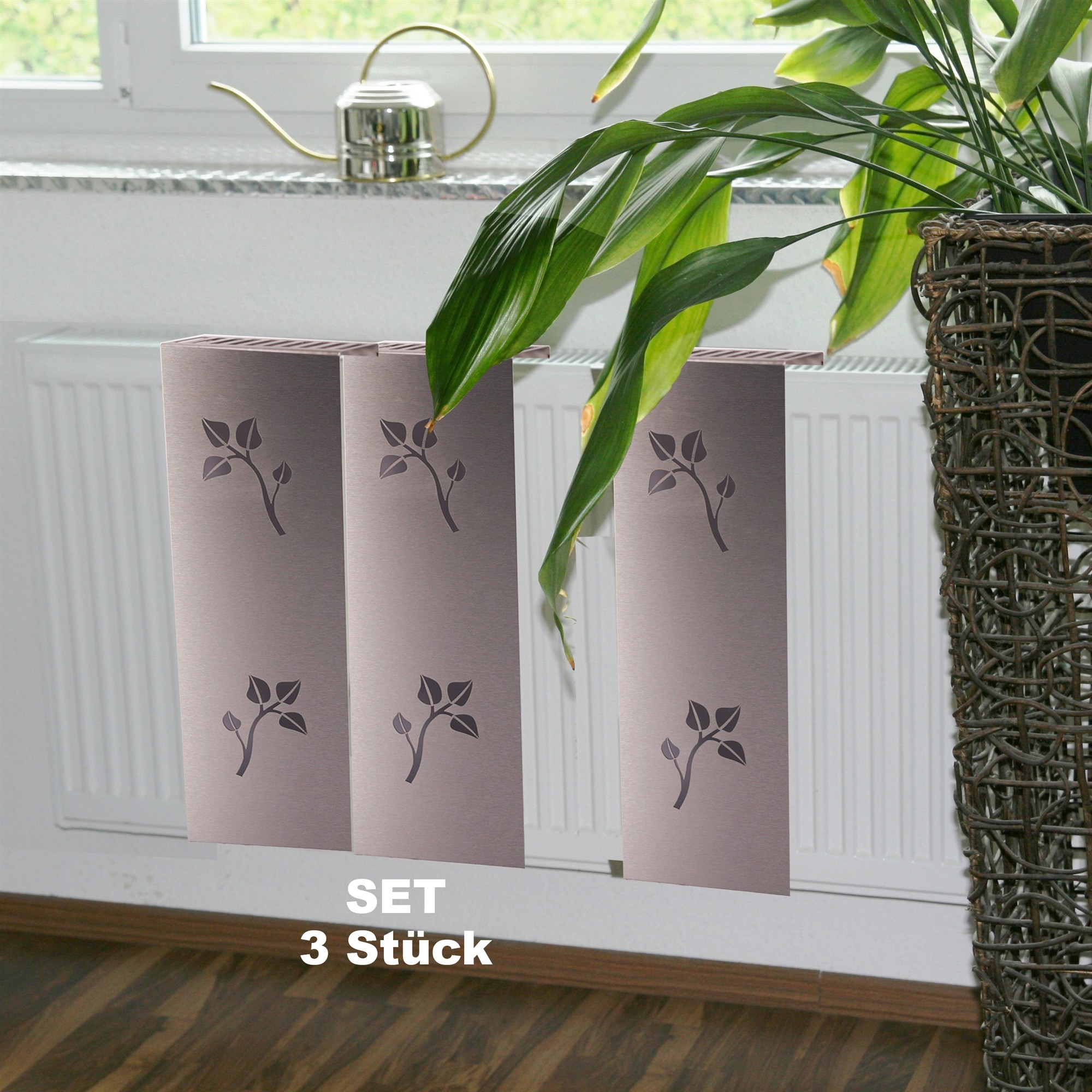 Heizkörperverkleidung Edelstahl matt 60 x 20cm Design Leaves (SET=3 Stück) SZAGATO Heizungsverkleidung Verkleidung Heizkörper Abdeckung für Heizkörper