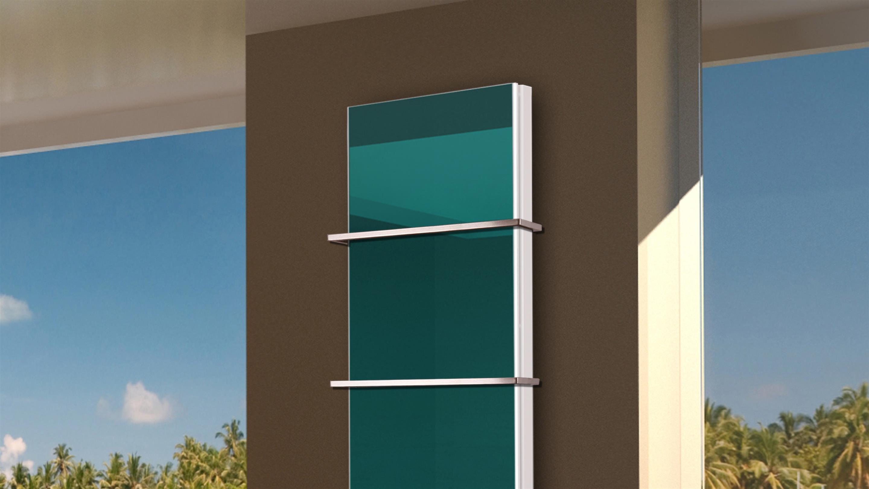 BADHEIZKÖRPER mit Glas Montevideo 6 Glasfront 180x47cm 1964Watt türkis +2 Halter 15mm SZAGATO Designheizkörper Handtuchheizkörper mit Mittelanschluss