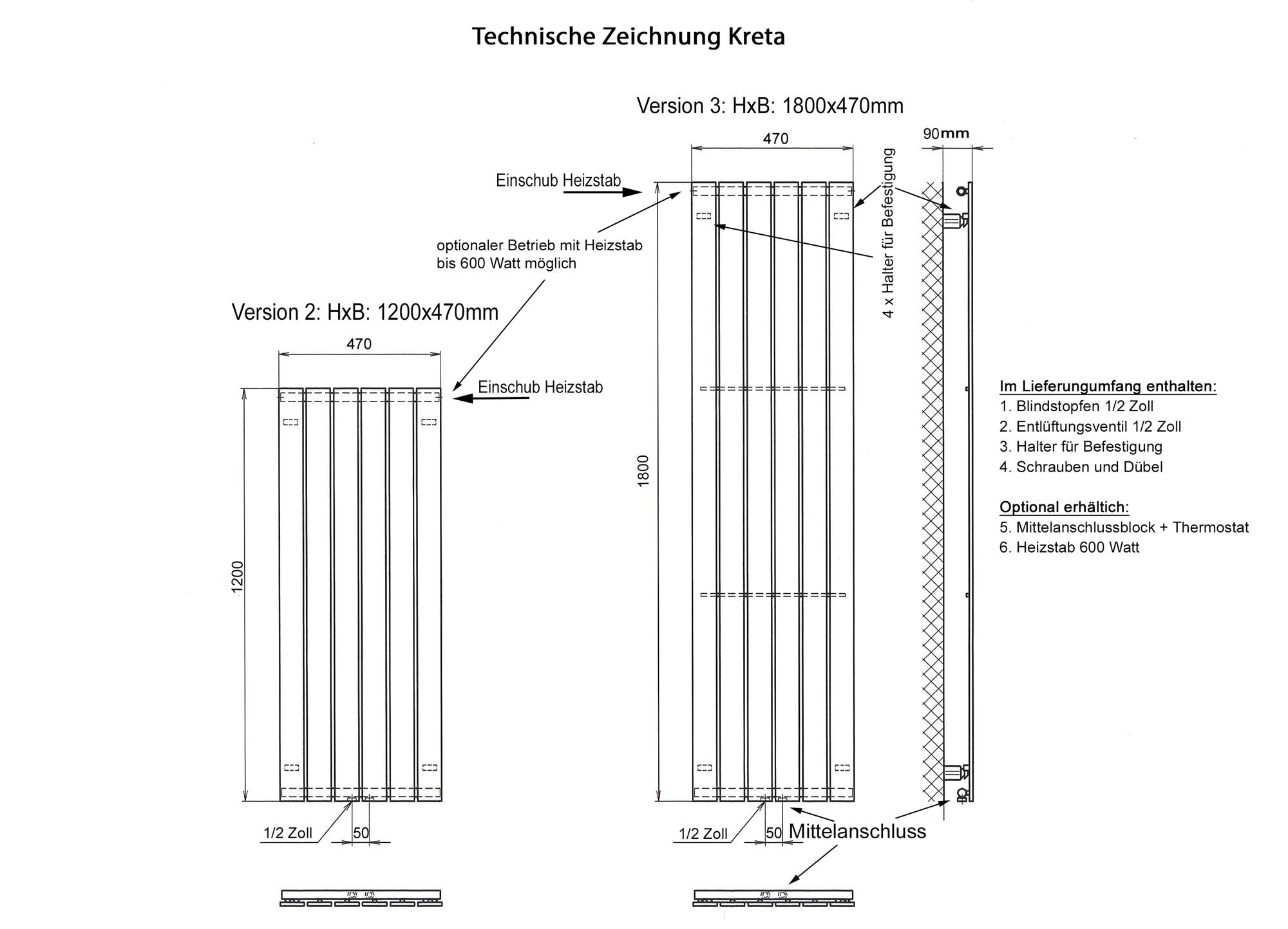 BADHEIZKÖRPER Design Kreta 2 120x47cm 799Watt weiß anthrazit - moonstone (+1 Halter 50mm) SZAGATO Designheizkörper mit Mittelanschluss Handtuchwärmer