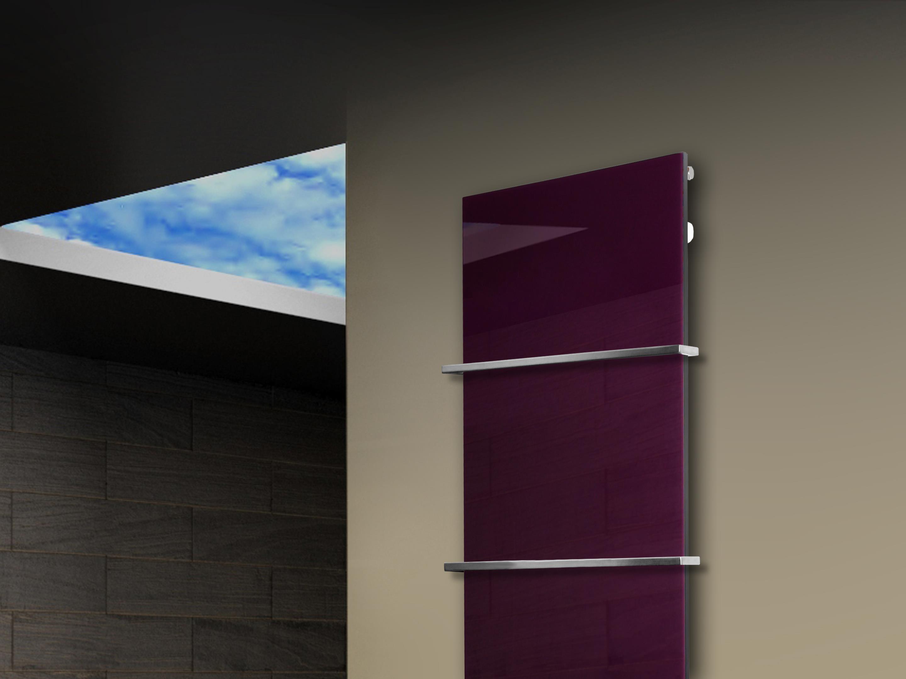 Badheizkörper mit Glas Design Montevideo 3 Glasfront 180x47cm 1118 Watt violett (+2 Halter 15mm) SZAGATO Designheizkörper mit Mittelanschluss