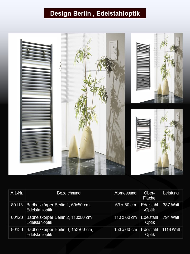 BADHEIZKÖRPER Design Berlin 3 153x60cm 1118 Watt Edelstahloptik SZAGATO Handtuchheizkörper mit Seitenanschluss Handtuchwärmer mit Seitenanschluss