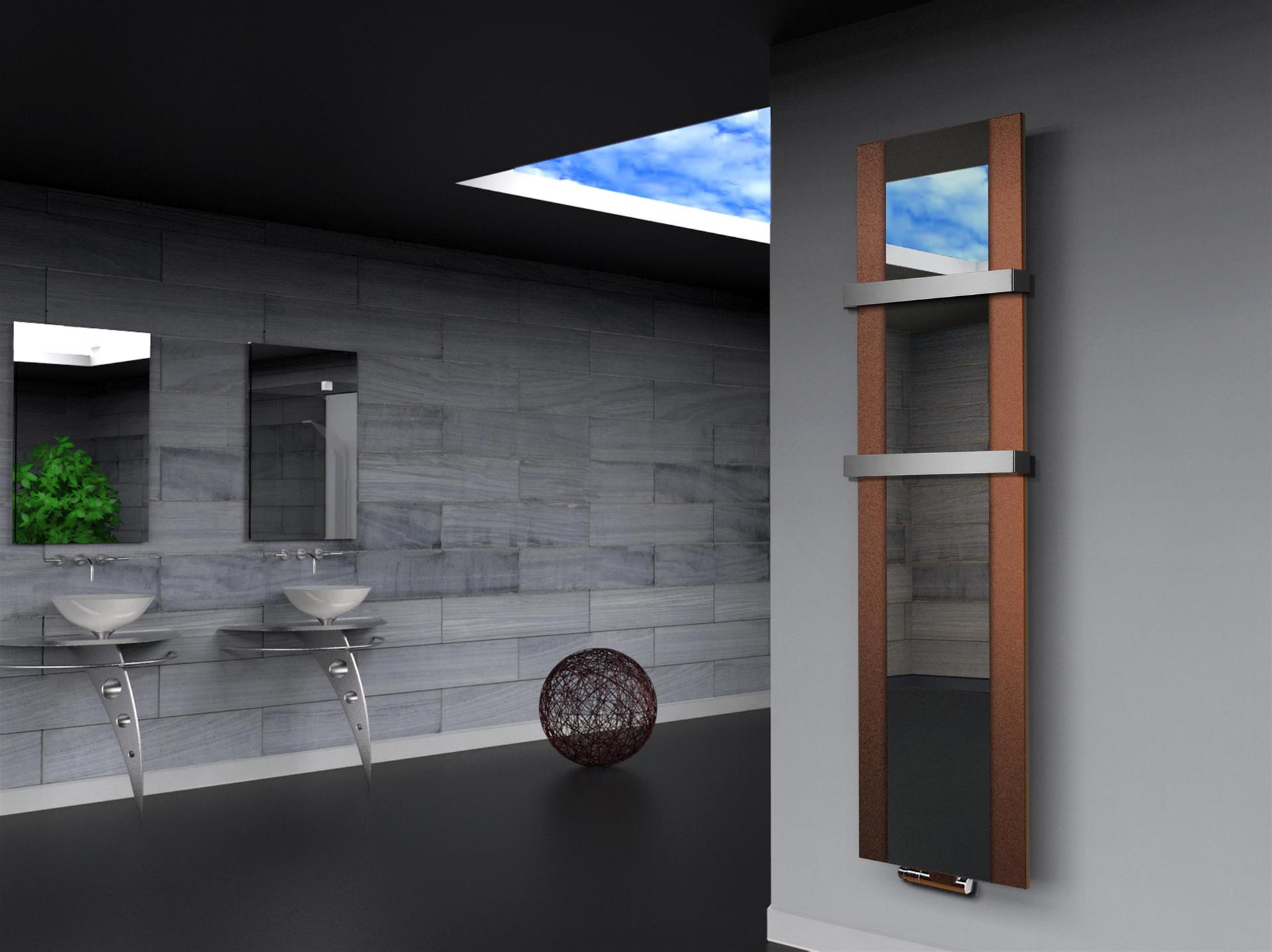 BADHEIZKÖRPER mit Spiegel Design Singapur 3 180x47cm 1118 Watt braun  (+2 Halter 50mm) SZAGATO Designheizkörper mit Mittelanschluss Handtuchwärmer