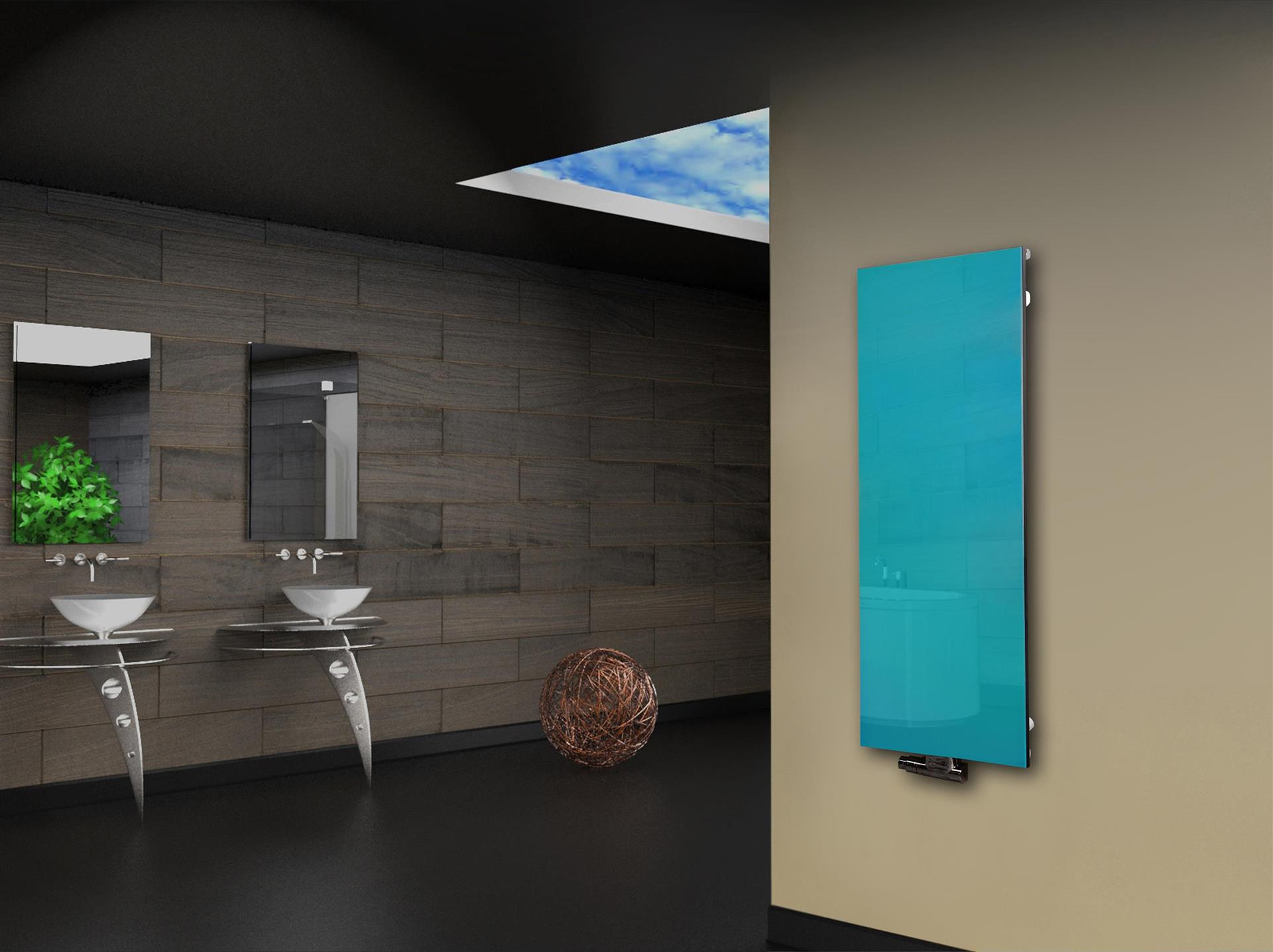 Badheizkörper mit Glas Design Montevideo 2 Glasfront 120x47cm 799Watt türkis SZAGATO Heizkörper Handtuchheizkörper mit Mittelanschluss Handtuchwärmer