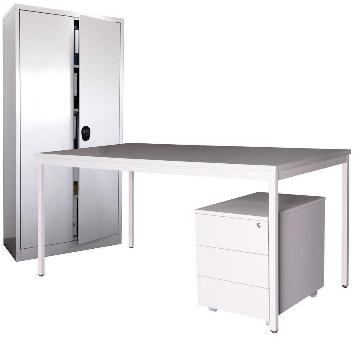 SET Schreibtisch 180x80 cm + Rollcontainer Eco + Stahlschrank 180x80 cm