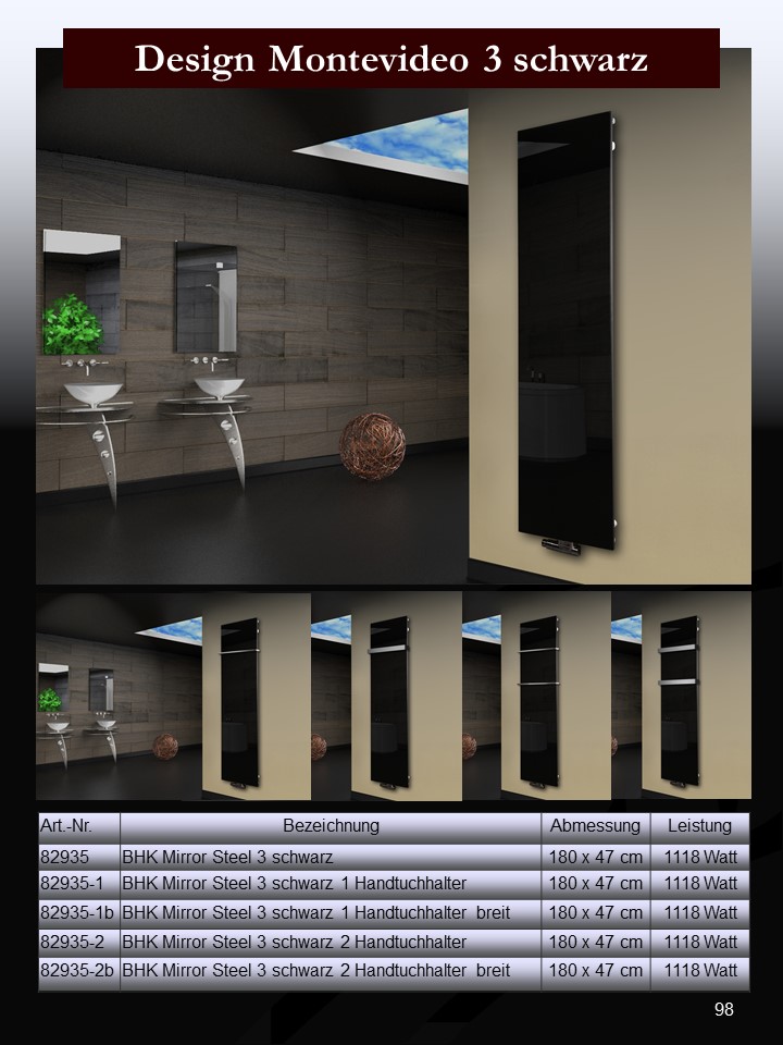Badheizkörper mit Glas Design Montevideo 3 Glasfront 180x47cm 1118 Watt schwarz SZAGATO Design Handtuchheizkörper mit Mittelanschluss Handtuchwärmer