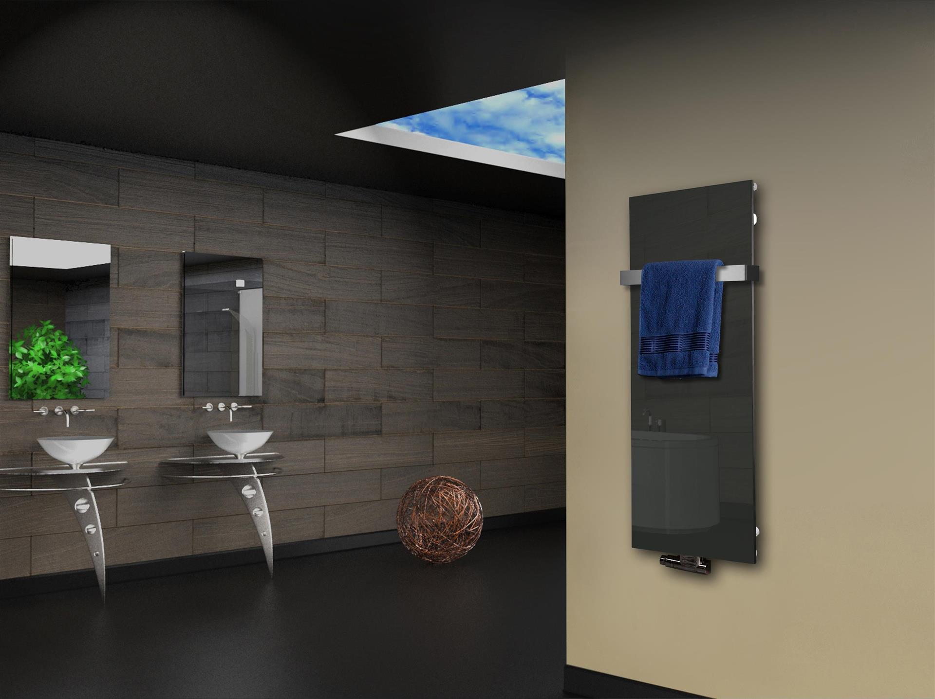 Badheizkörper mit Glas Design Montevideo 2 (Glasfront) 120x47cm 799 Watt anthrazit - moon +1 Halter 50mm SZAGATO Designheizkörper mit Mittelanschluss