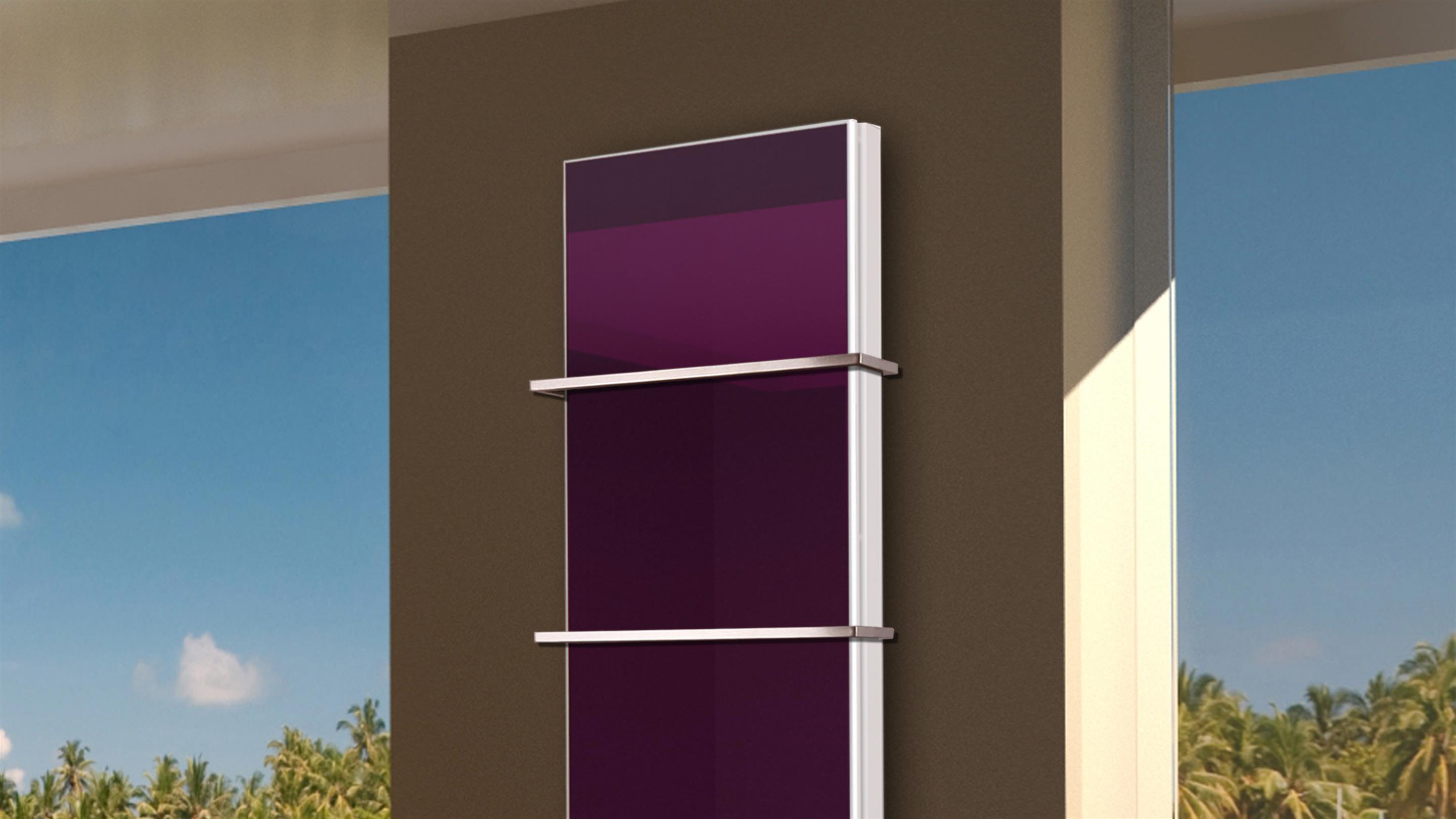 BADHEIZKÖRPER mit Glas Montevideo 6 Glasfront 180x47cm 1964 Watt violett +2 Halter 15mm SZAGATO Designheizkörper Handtuchheizkörper Mittelanschluss