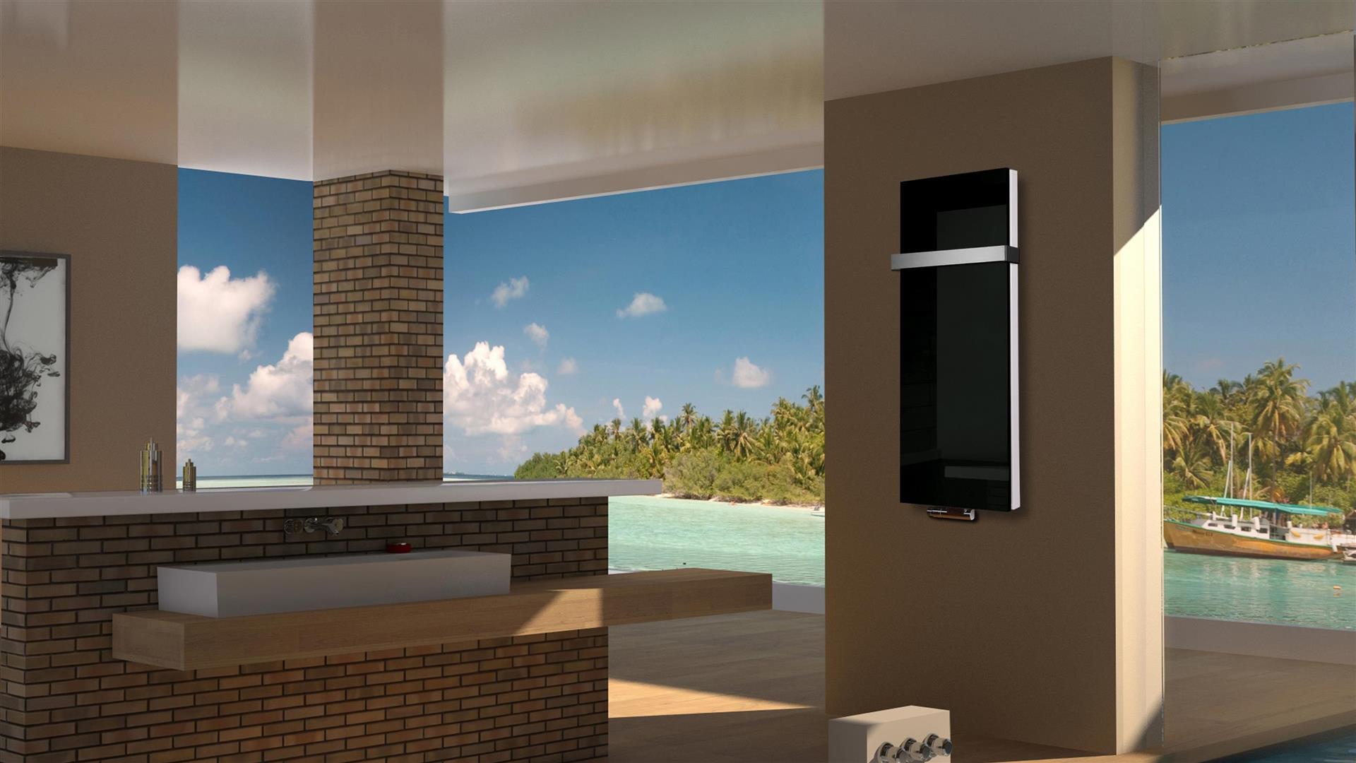 BADHEIZKÖRPER Glas Montevideo 5 Glasfront 120x47cm 1458 Watt schwarz + 1 Handtuchhalter 15x15mm SZAGATO Designheizkörper mit Mittelanschluss
