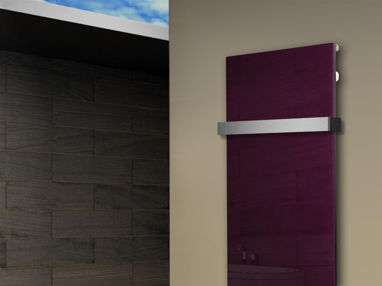 Badheizkörper mit Glas Design Montevideo 2 (Glasfront) 120x47cm 799 Watt violett (+1 Halter 50mm) SZAGATO Designheizkörper mit Mittelanschluss