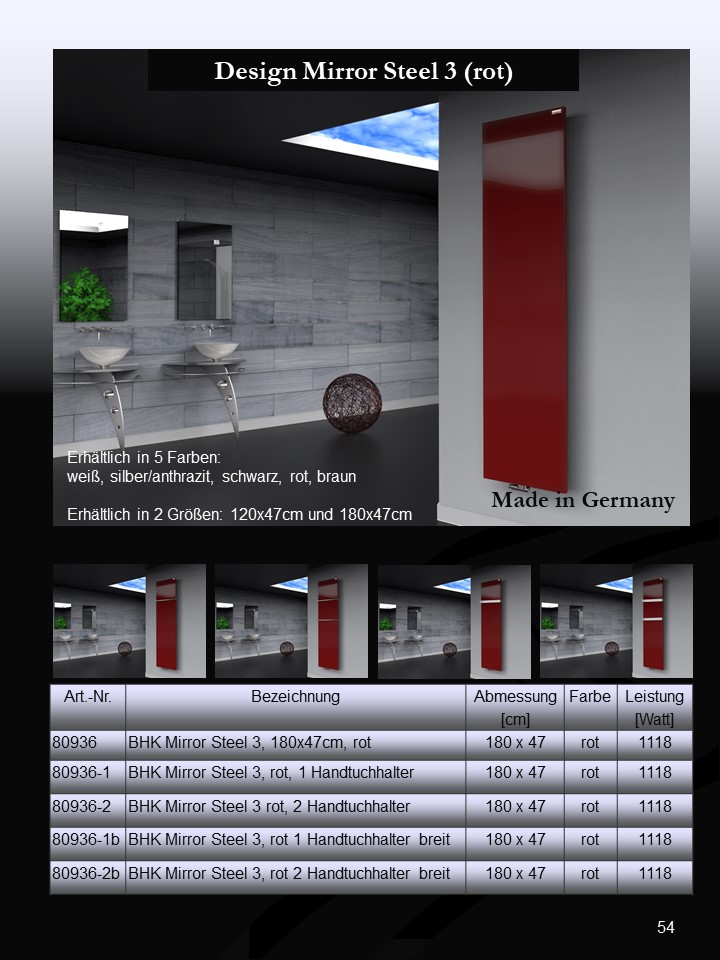 BADHEIZKÖRPER Design Mirror Steel 3 180x47cm 1118 Watt rot (RAL 3004) (+2 Halter 30mm) SZAGATO Handtuchheizkörper mit Mittelanschluss Handtuchwärmer