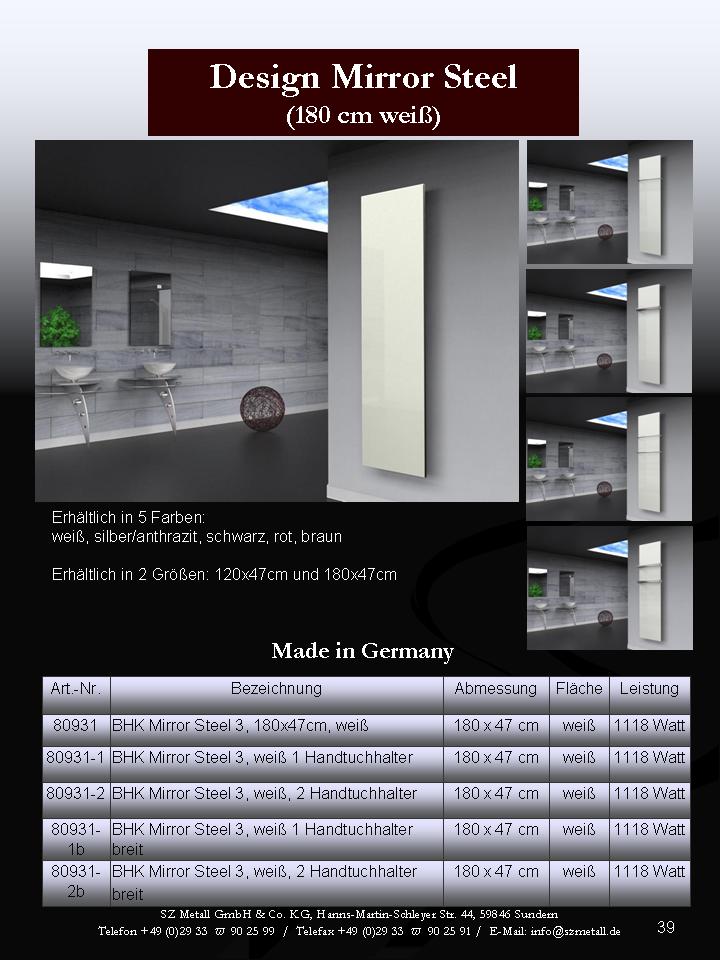 BADHEIZKÖRPER Design Mirror Steel 3 180x47cm 1118 Watt weiß (+2 Halter glänzend 50mm) SZAGATO Designheizkörper Handtuchheizkörper mit Mittelanschluss