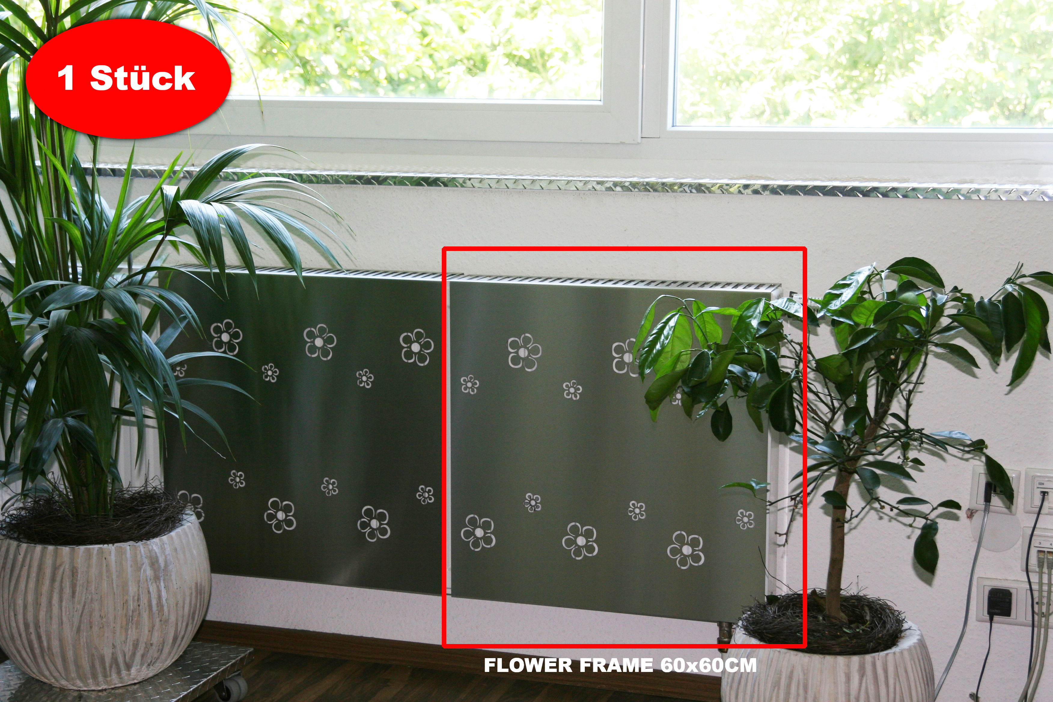 Heizkörperverkleidung Edelstahl 60 x 60cm Design Flower Frame (1 Stück) SZAGATO Heizungsverkleidung Verkleidung Heizkörper Abdeckung für Heizkörper