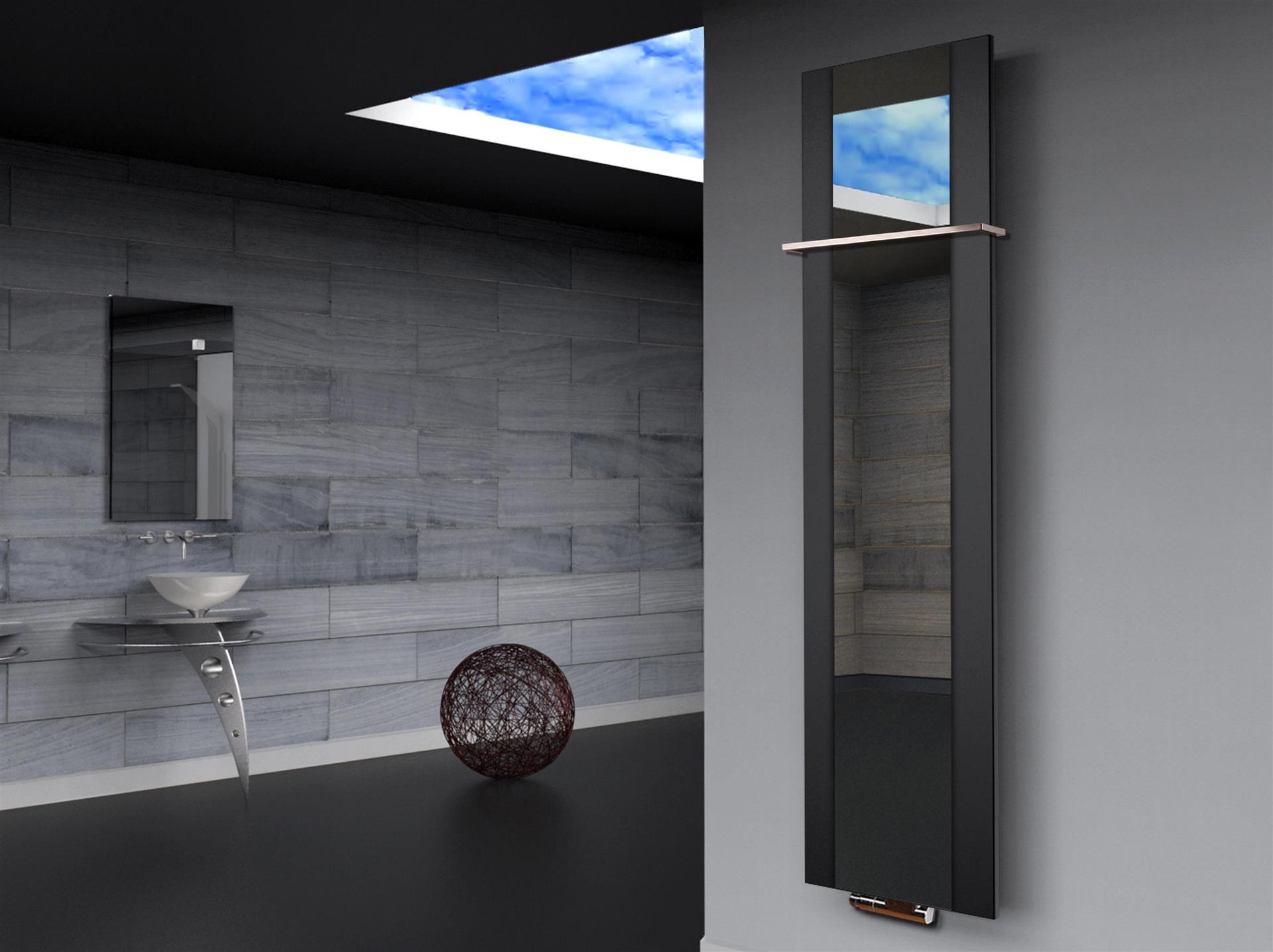 BADHEIZKÖRPER mit Spiegel Design Singapur 3 180x47cm 1118 Watt schwarz (+1 Halter 15mm) SZAGATO Designheizkörper Mittelanschluss Handtuchwärmer