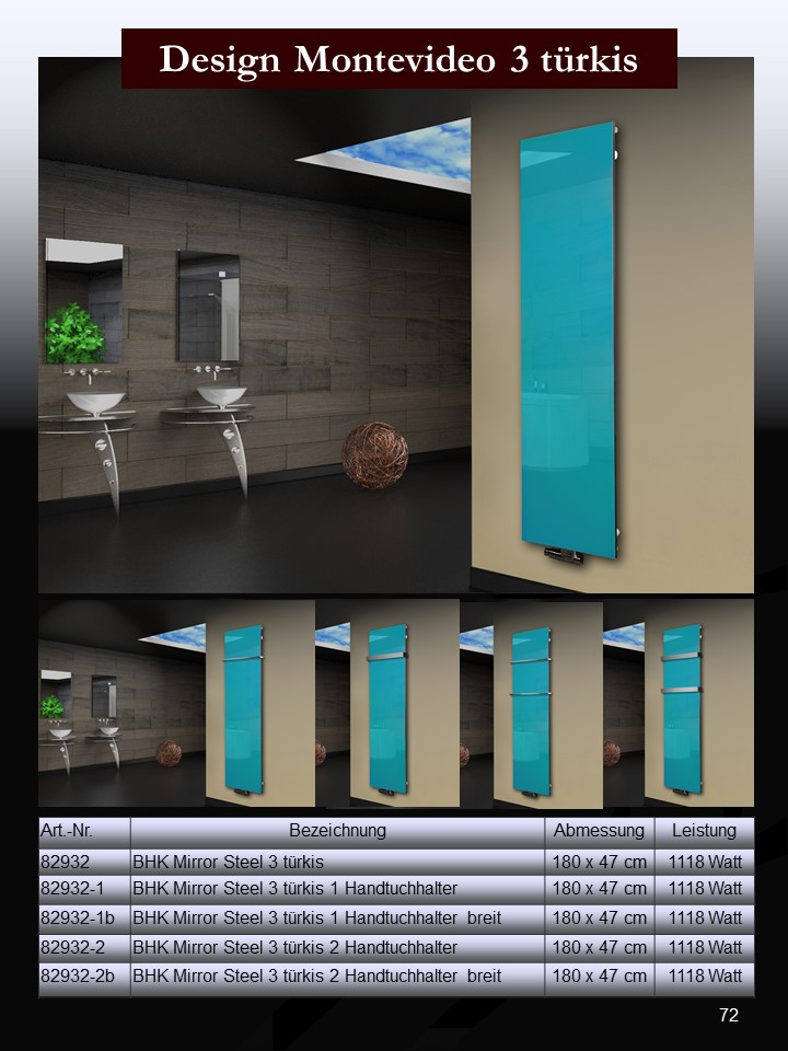 Badheizkörper mit Glas Design Montevideo 3 Glasfront 180x47cm 1118 Watt türkis +2 Halter 15mm SZAGATO Designheizkörper Mittelanschluss Handtuchwärmer