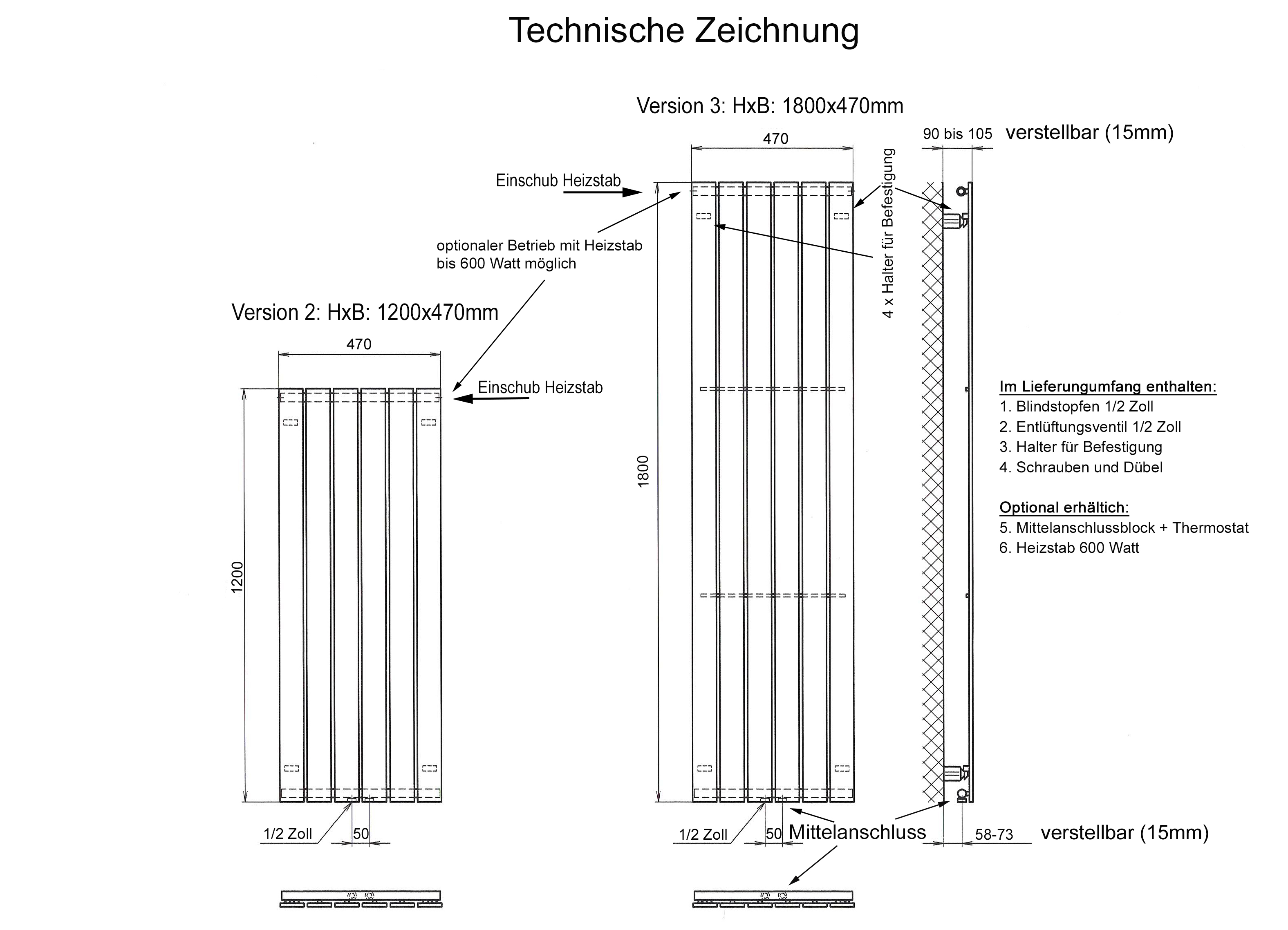 BADHEIZKÖRPER Design Peking 3 180x47cm Edelstahloptik (+2 Halter 50mm Hochglanz) SZAGATO Designheizkörper Handtuchheizkörper mit Mittelanschluss