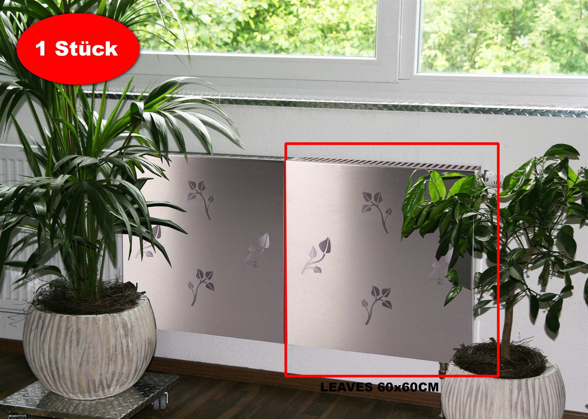 Heizkörperverkleidung Edelstahl matt 60 x 20cm Design Leaves (1 Stück) SZAGATO Heizungsverkleidung Verkleidung Heizkörper Abdeckung für Heizkörper