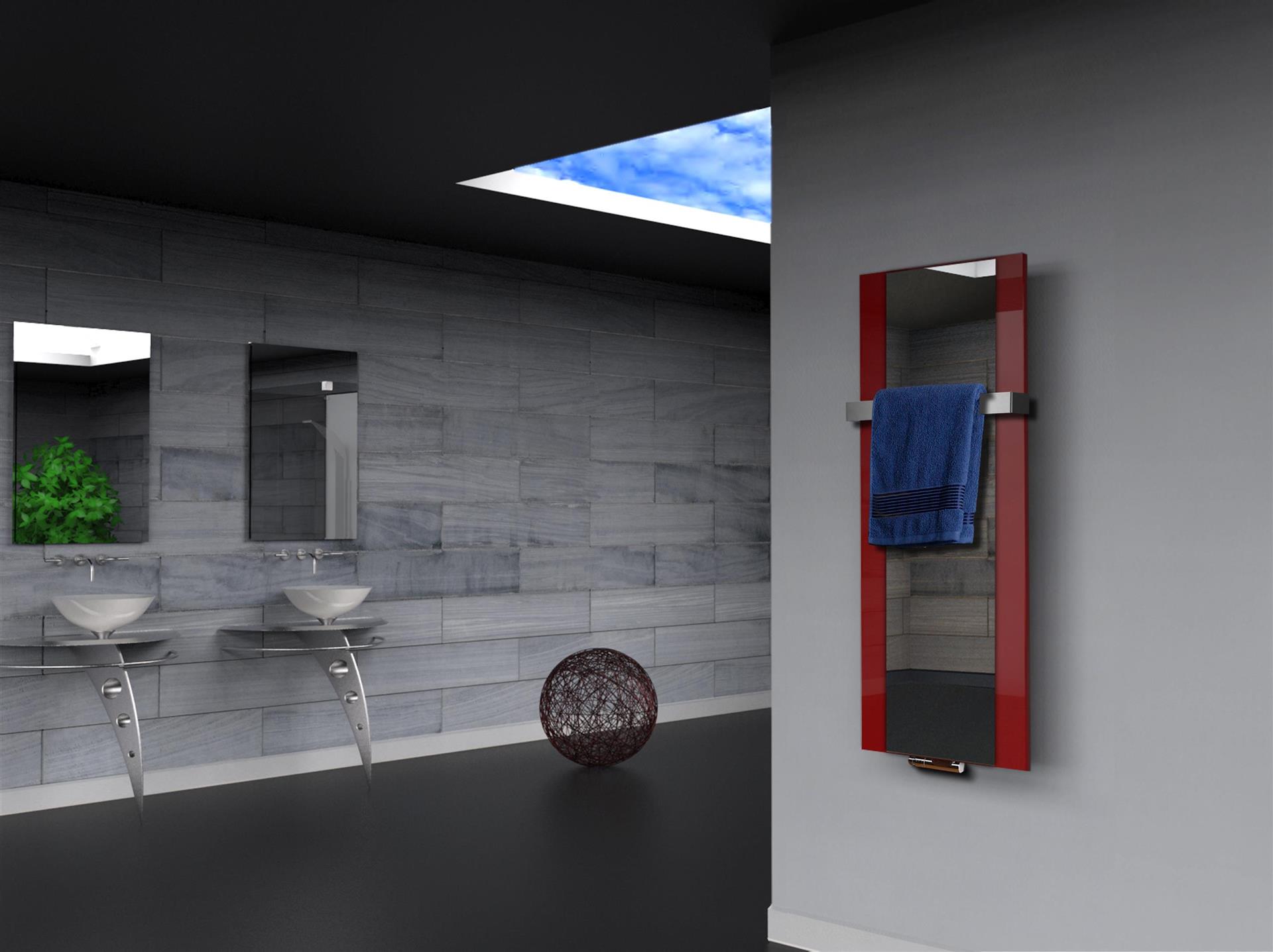BADHEIZKÖRPER mit Spiegel Design Singapur 2 120x47cm 799 Watt rot  (+1 Halter 50mm) SZAGATO Designheizkörper mit Mittelanschluss Handtuchwärmer